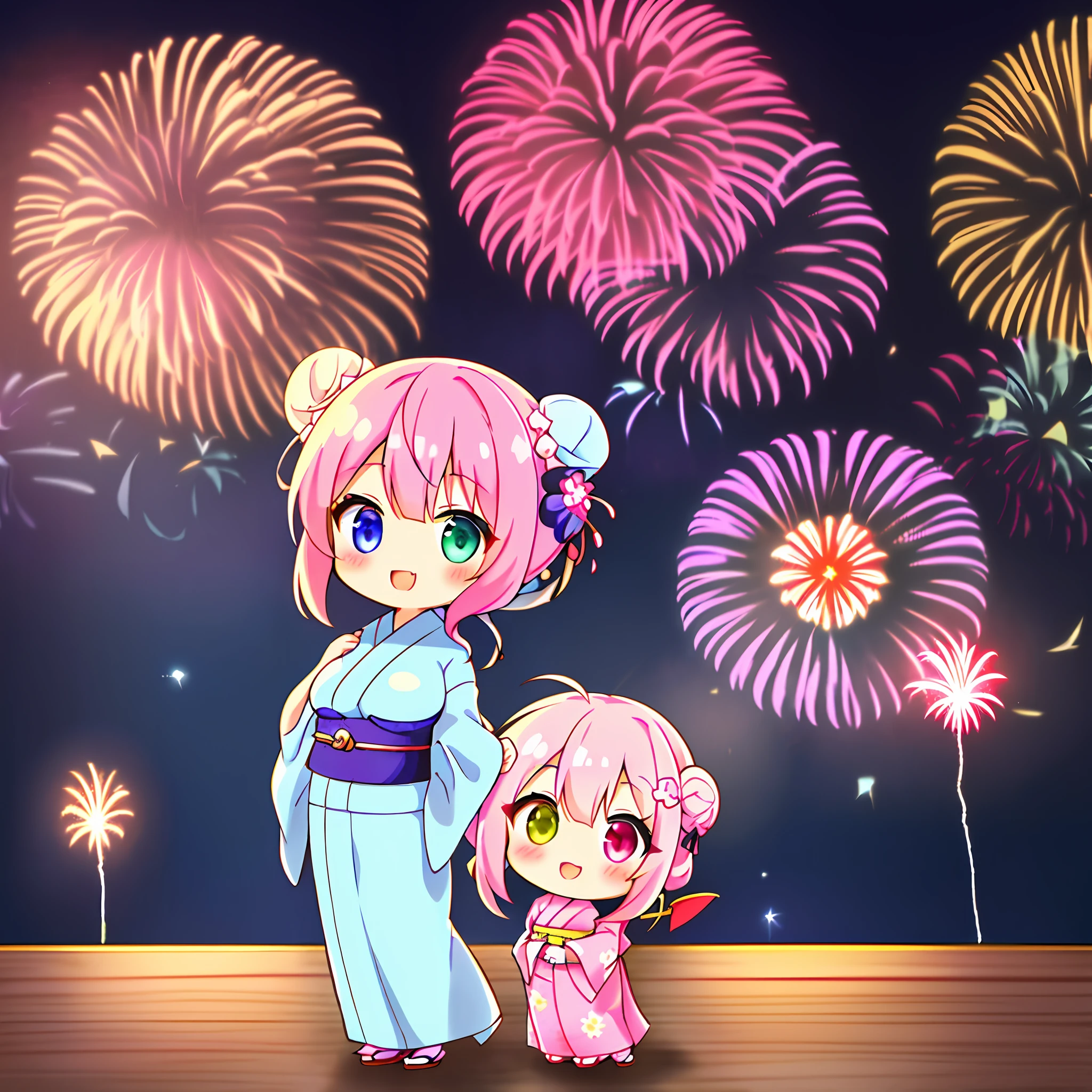 (chibi:1.2) girl, japanse kimono, in japanese summer temple festival (matsuri:1.4), paper lantern, night, (fireworks:1.4) in the sky , Shinto shrine archway, focus on chibi girl, looking at viewer, smile, happy"Kyoto Animation"style anime illustration, top quality, (cute: 1.1), (cute), (high resolution: 1.2), incredibly ridiculous: 1.3, incredibly fine illustration, cute girl, (heterochromia, light blue eyes and light green eyes), solo, standing figure, happy, :d, masterpiece, highest quality, absurdity, high resolution, Official Art, (cute: 1.8), (Chibi character: 1.5)), Solo, (((pink hair, bun hair, kanzashi)), thin hair, 1 beautiful girl, (cute: 1.8), caregiver, maid, (((long yukata, illustration of morning glory, indigo color, luxurious obi)), watch viewer, frontal, princess eyes, big breasts, from the front, Japan festival, night shop, cute geta, deformed character, have a goldfish drawstring,