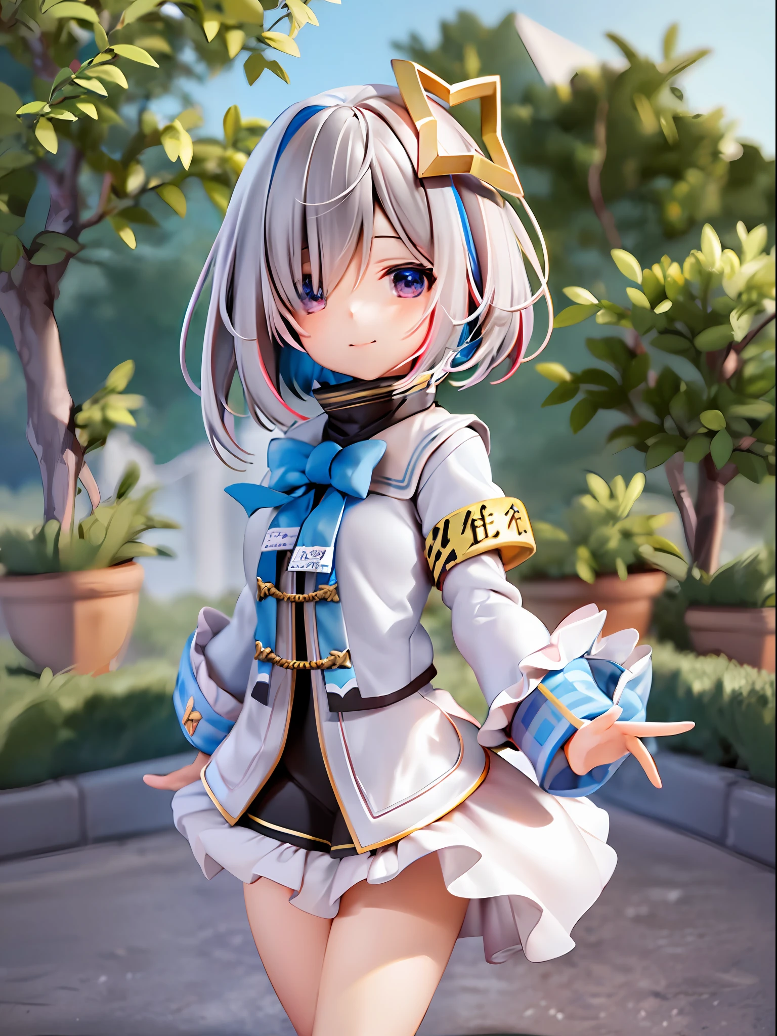 girl, amane kanata, star halo, solo, halo, angel wings, multicolored hair, asymmetrical hair, single hair intake, purple eyes, armband, 
BREAK
short hair, blue hair, grey hair, socks, long sleeves, grey jacket, bob cut, streaked hair, bangs, frills, wide sleeves, white wings, 
BREAK
black skirt, hair over one eye, frilled skirt, blue socks, sleeves past wrists, turtleneck dress, miniskirt, blue wings, cowboy shot, walking, garden,
BREAK
full body, chibi, [realistic], [3d], (3dcg), ((octane render)), [fisheye], smile, closed mouth, full body
BREAK
(8k, RAW photo, best quality, masterpiece:1.2), ultra high res, (((realistic, photo-realistic))), professional lighting, detailed lighting, professional photography, fisheye, dynamic angle, high quality, high res, extremely detailed, bloom
BREAK
depth of field, sketch, sharp focus, soft lighting, good composition, god light highlight, detailed, (((photorealistic details))), detailed skin, to8contrast style