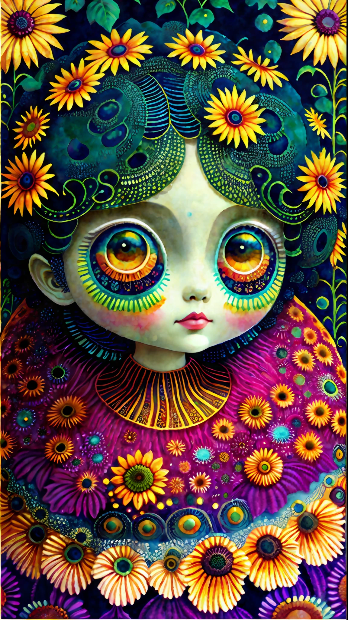 Gorgeous big eyes watercolor sunflower goddess covered in curlycue paisley flowerdesigns, intricate filigreeheaddress highly intricate hyper-detailed landscape illustration painting by Mark Ryden, Keane, Max Ernst, Bosch, Junji Ito, Mucha, maximalism, surrealism, 3d liquid detailing, volumetric lighting, octane render, 16k, storybook, a masterpiece