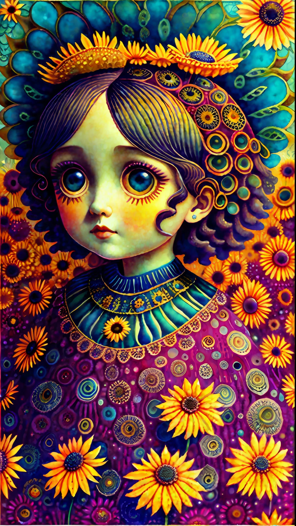 Gorgeous big eyes watercolor sunflower goddess covered in curlycue paisley flowerdesigns, intricate filigreeheaddress highly intricate hyper-detailed landscape illustration painting by Mark Ryden, Keane, Max Ernst, Bosch, Junji Ito, Mucha, maximalism, surrealism, 3d liquid detailing, volumetric lighting, octane render, 16k, storybook, a masterpiece