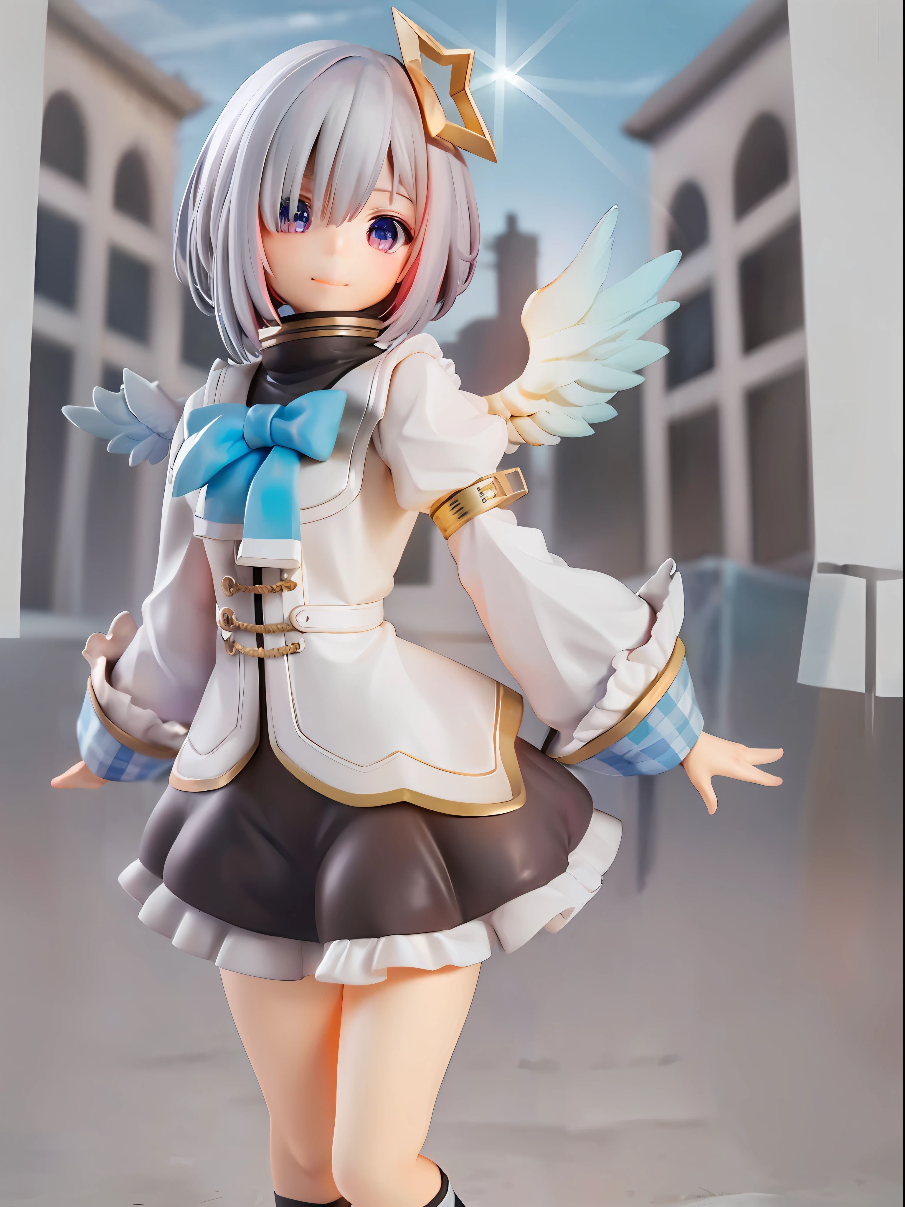 girl, amane kanata, star halo, solo, halo, angel wings, multicolored hair, asymmetrical hair, single hair intake, purple eyes, armband, 
BREAK
short hair, blue hair, grey hair, socks, long sleeves, grey jacket, bob cut, streaked hair, bangs, frills, wide sleeves, white wings, 
BREAK
black skirt, hair over one eye, frilled skirt, blue socks, sleeves past wrists, turtleneck dress, miniskirt, blue wings, cowboy shot, walking, garden,
BREAK
full body, chibi, [realistic], [3d], (3dcg), ((octane render)), [fisheye], smile, closed mouth, full body
BREAK
(8k, RAW photo, best quality, masterpiece:1.2), ultra high res, (((realistic, photo-realistic))), professional lighting, detailed lighting, professional photography, fisheye, dynamic angle, high quality, high res, extremely detailed, bloom
BREAK
depth of field, sketch, sharp focus, soft lighting, good composition, god light highlight, detailed, (((photorealistic details))), detailed skin, to8contrast style