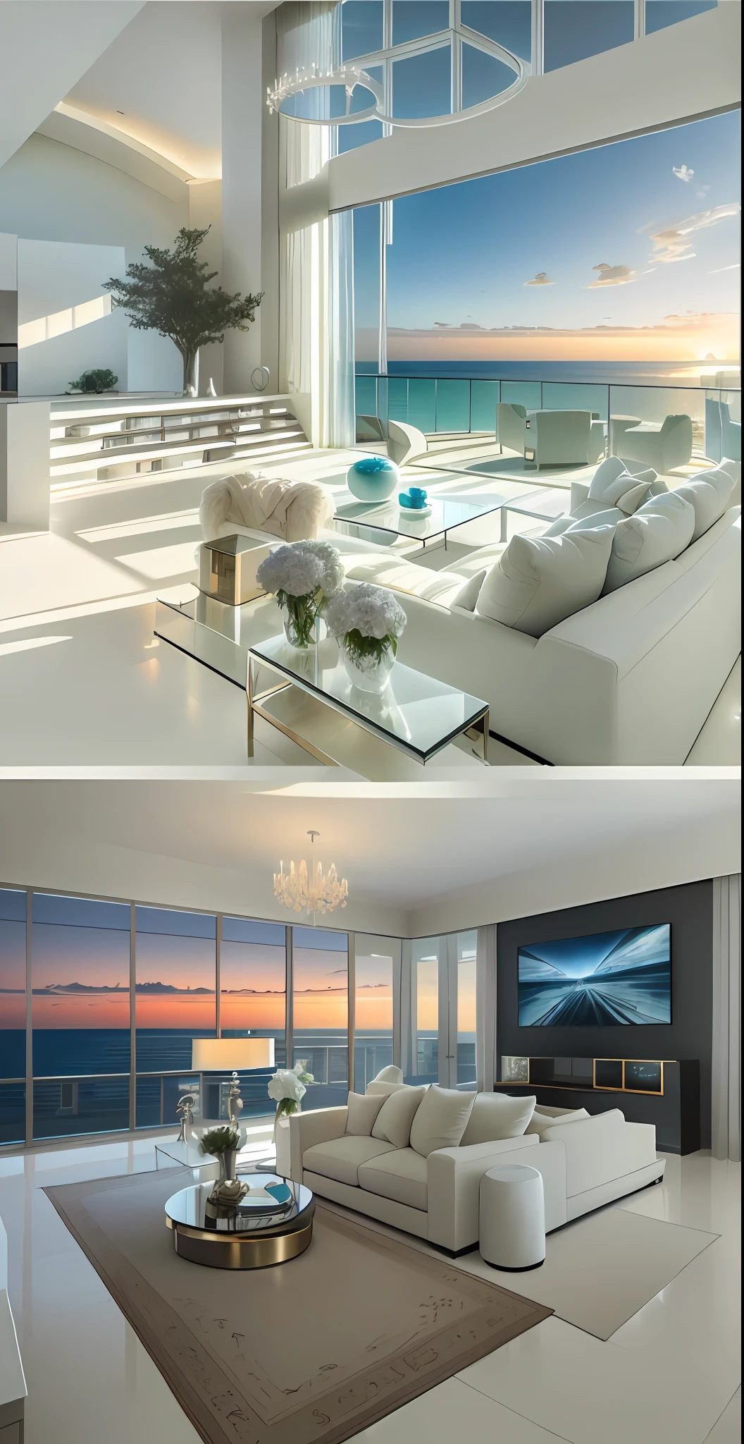 arafed view of a living room with a large window and a view of the ocean, luxury condo interior, floor - to - ceiling windows, penthouse, front and side views, luxurious environment, high end interior, ceiling to floor windows, stunning vista, floor to ceiling window, expansive cinematic view, true realistic image, gorgeous view, living room, real estate photography