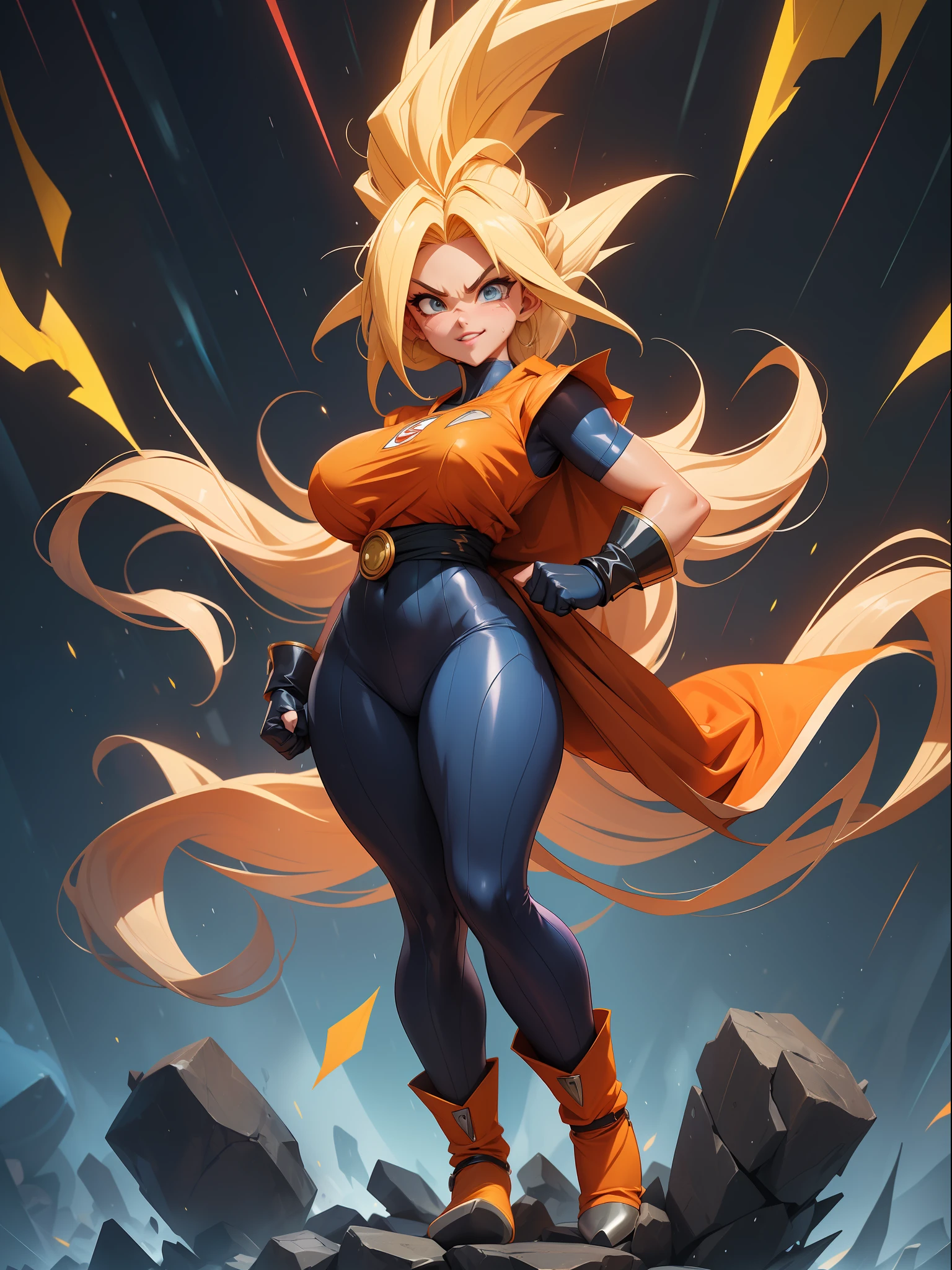 ((Full body photo, flat feet, straight body)), ((Laura {Super Super Saiyan woman with big breasts})), ((is wearing Son Goku+'s costumes extremely tight on her body)). In a futuristic city, {at night raining+loud thunder in the sky}. She has her clothes and body {extremely sweaty}. She's {looking at the viewer, smiling, fists clenched, concentrating magical aura on her hands, in frontal attack pose}), high detail, anime, 16k, UHD, retina, retina, ccurate, anatomically correct, textured skin, super detail, high quality, award-winning