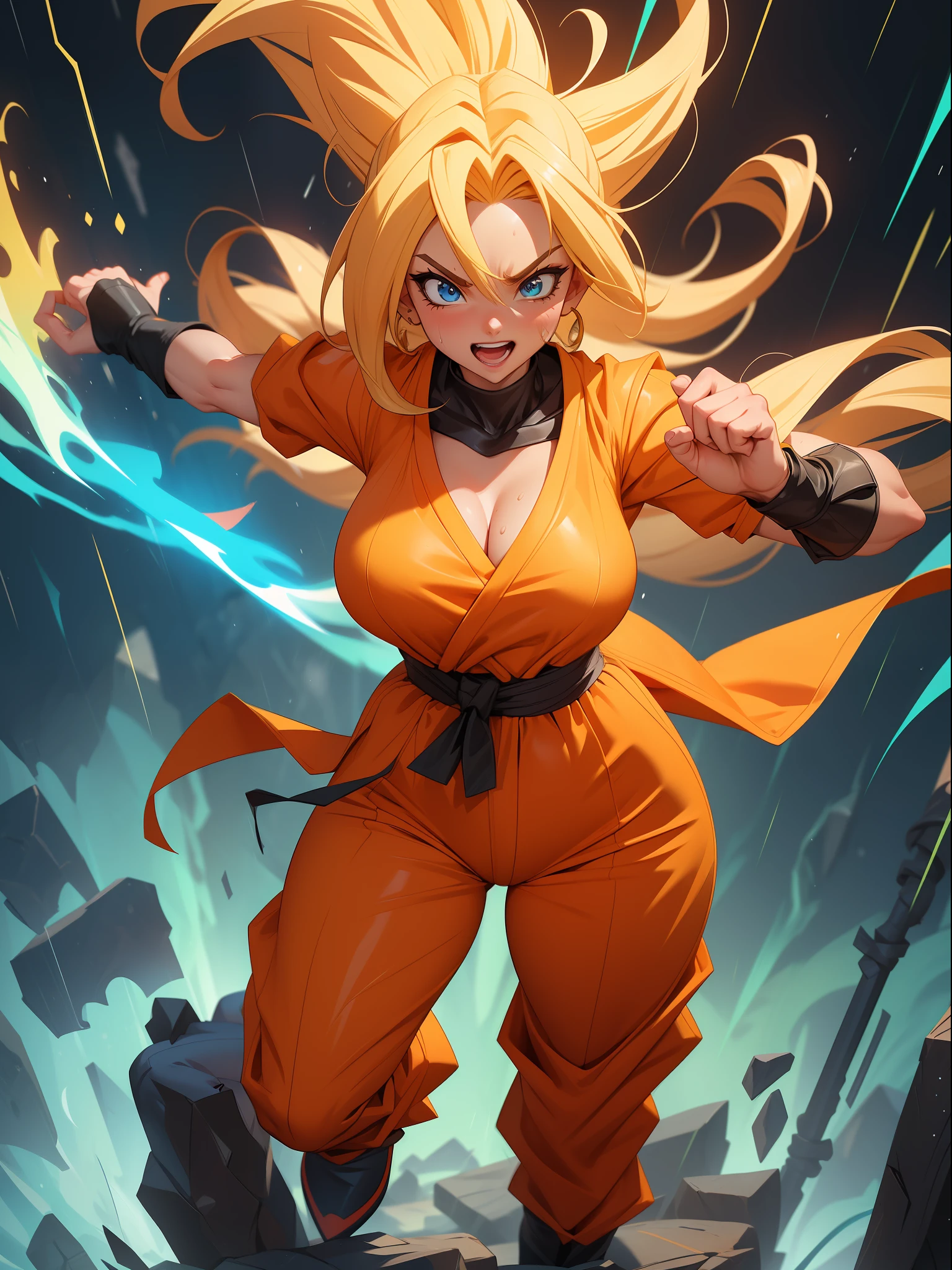 ((Full body photo, flat feet, straight body)), ((Laura {Super Super Saiyan woman with big breasts})), ((is wearing Son Goku+'s costumes extremely tight on her body)). In a futuristic city, {at night raining+loud thunder in the sky}. She has her clothes and body {extremely sweaty}. She's {looking at the viewer, smiling, fists clenched, concentrating magical aura on her hands, in frontal attack pose}), high detail, anime, 16k, UHD, retina, retina, ccurate, anatomically correct, textured skin, super detail, high quality, award-winning