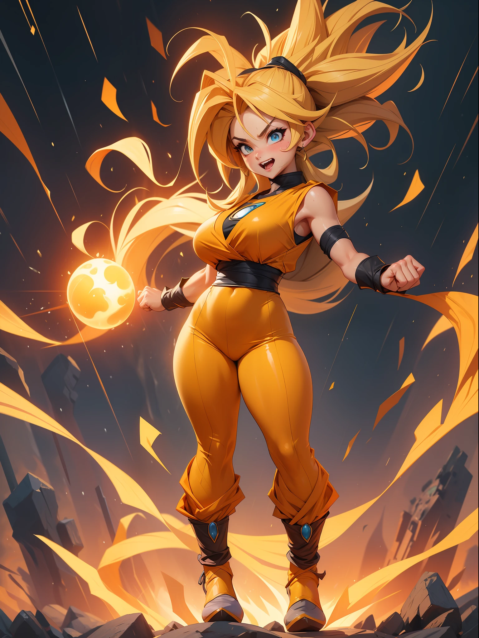 ((Full body photo, flat feet, straight body)), ((Laura {Super Super Saiyan woman with big breasts})), ((is wearing Son Goku+'s costumes extremely tight on her body)). In a futuristic city, {at night raining+loud thunder in the sky}. She has her clothes and body {extremely sweaty}. She's {looking at the viewer, smiling, fists clenched, concentrating magical aura on her hands, in frontal attack pose}), high detail, anime, 16k, UHD, retina, retina, ccurate, anatomically correct, textured skin, super detail, high quality, award-winning