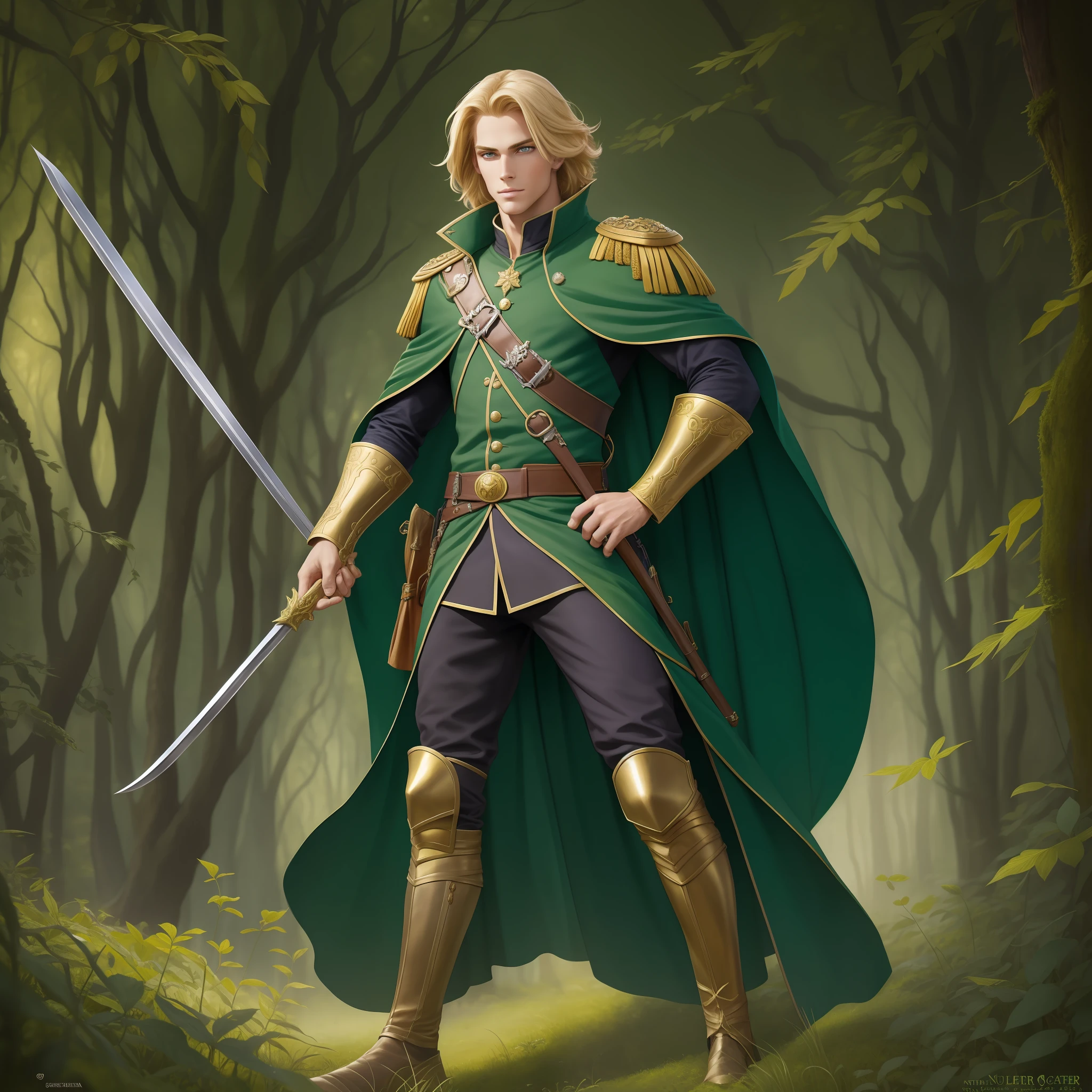 Neels Visser is a prince who has golden blonde hair, wears a moss green medieval military outfit, looking forward with piercing emerald green gaze. full body, art by Justin Gerard