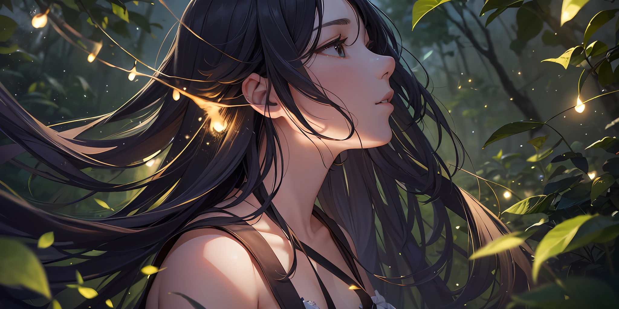 (8k, top quality, masterpiece: 1.2), (realistic, photorealistic: 1.37), super detail, one girl, wide angle of view, firefly garden, lots of small faint light and fireflies flying around, night