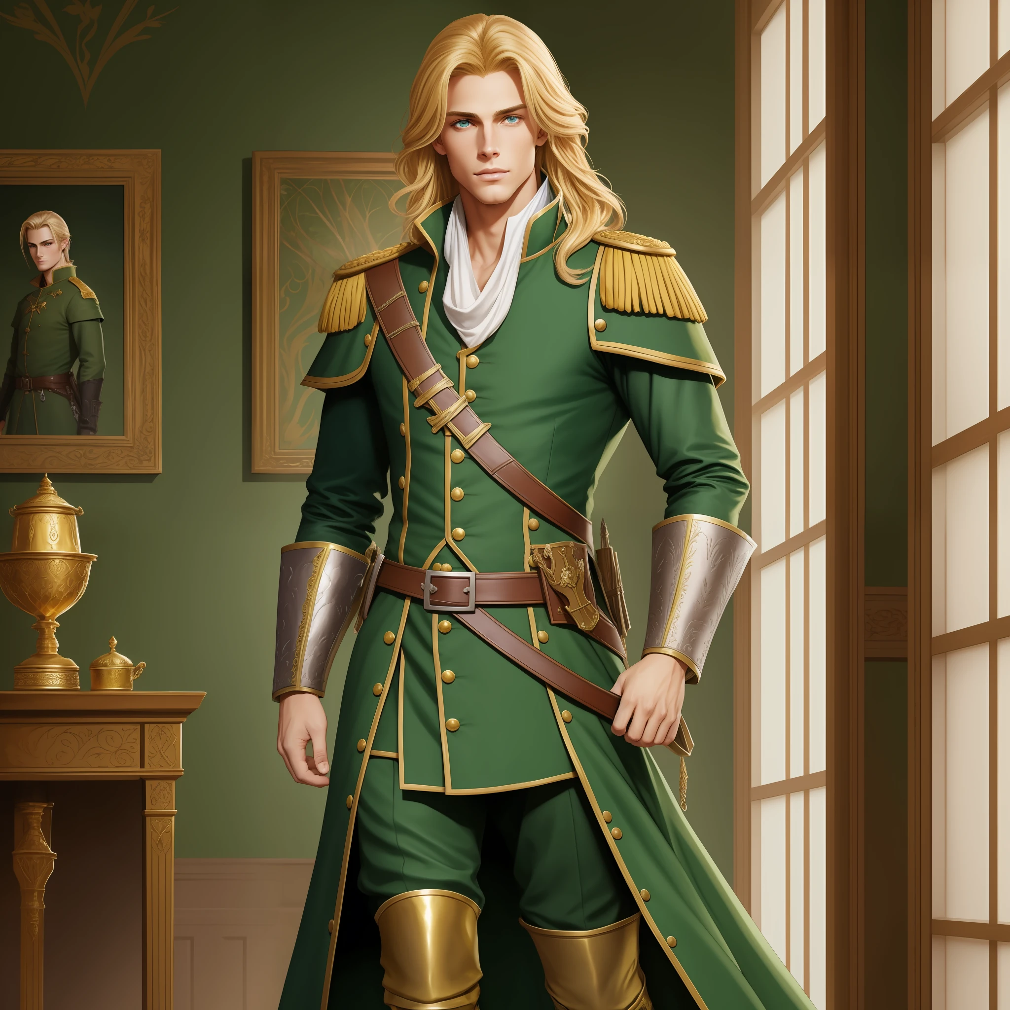 Neels Visser is a prince who has golden blonde hair, wears a moss green medieval military outfit, looking forward with piercing emerald green gaze. full body, art by Justin Gerard