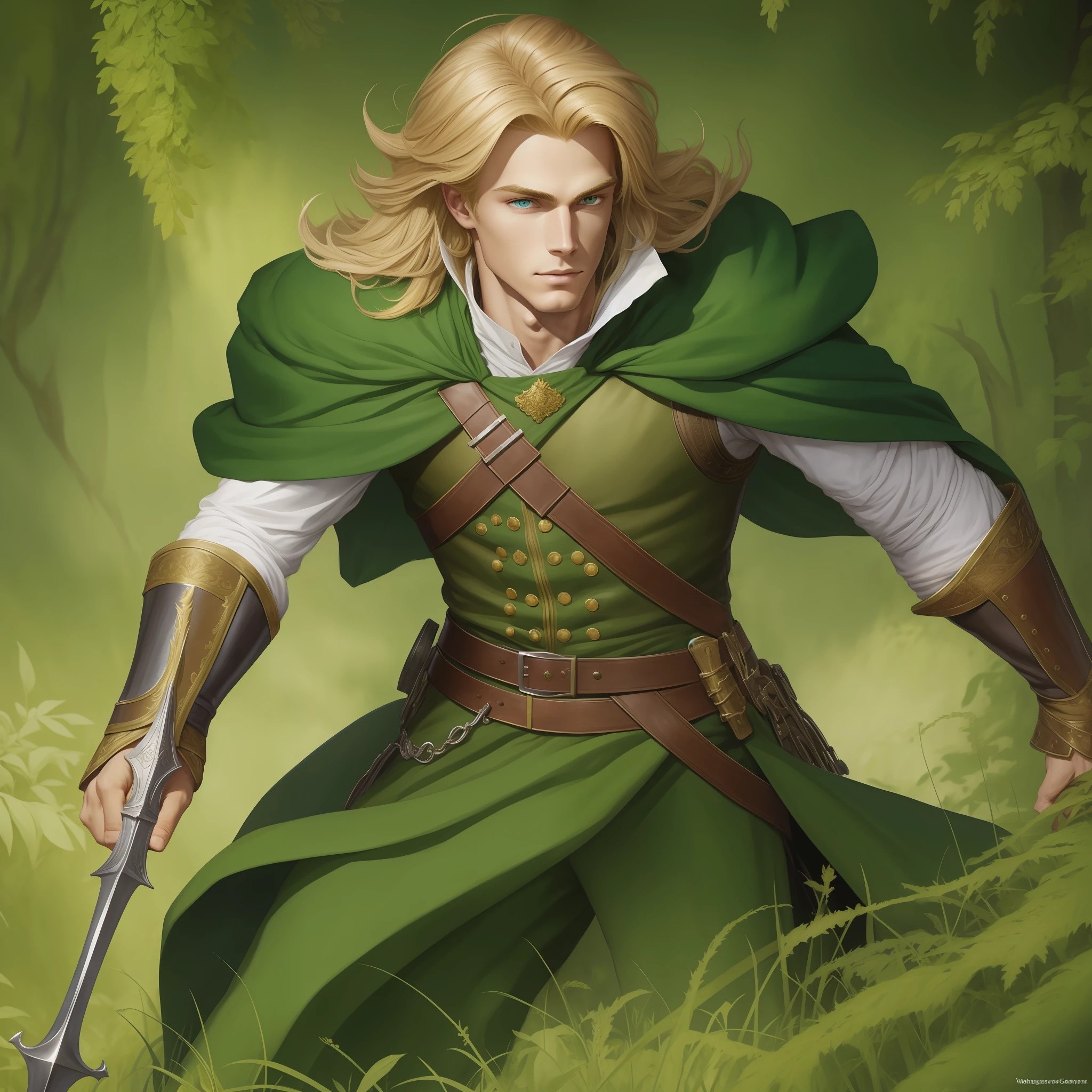 Neels Visser is a prince who has golden blonde hair, wears a moss green medieval military outfit, looking forward with piercing emerald green gaze. full body, art by Justin Gerard