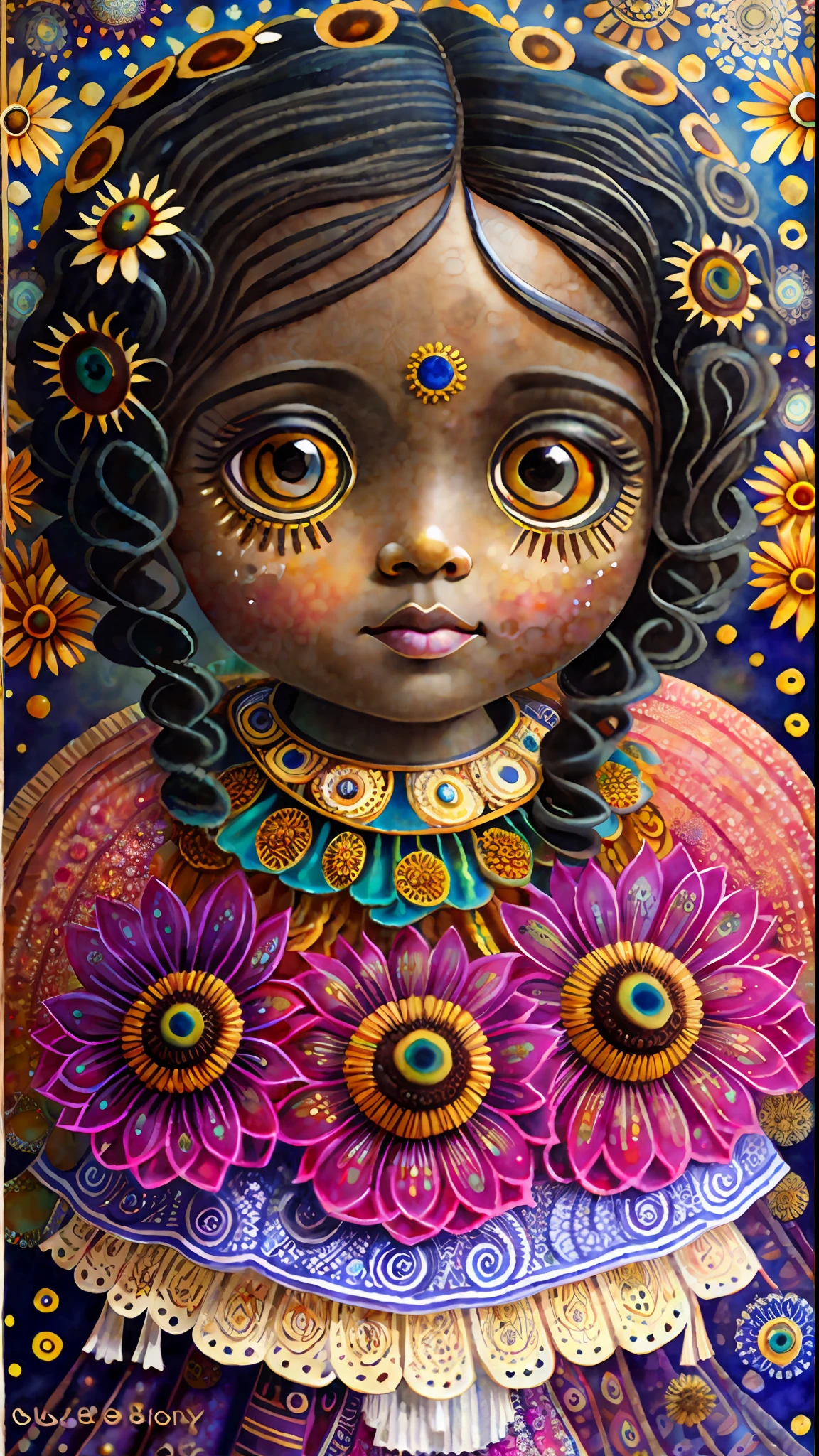 Gorgeous big eyes watercolor sunflower ebony goddess covered in curlycue paisley flowerdesigns, intricate filigreeheaddress highly intricate hyper-detailed landscape illustration painting by Mark Ryden, Keane, Max Ernst, Bosch, Junji Ito, Mucha, maximalism, surrealism, 3d liquid detailing, volumetric lighting, octane render, 16k, storybook, a masterpiece