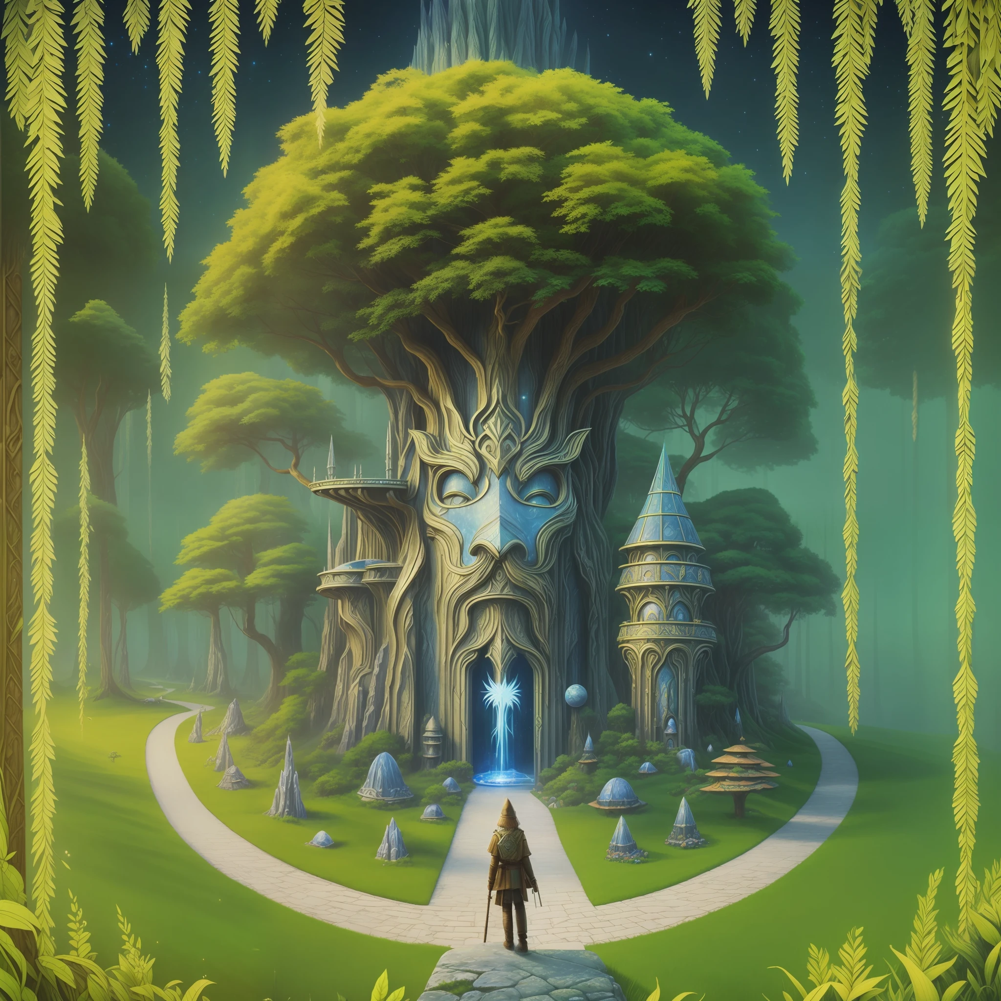 ((Best quality)), ((masterpiece)), (highly detailed:1.3), 3D, In a distant future where the boundaries between science fiction and fantasy have dissolved, the ideal world of lots of psychedelic forest and music full of dwarves and ets --auto --s2