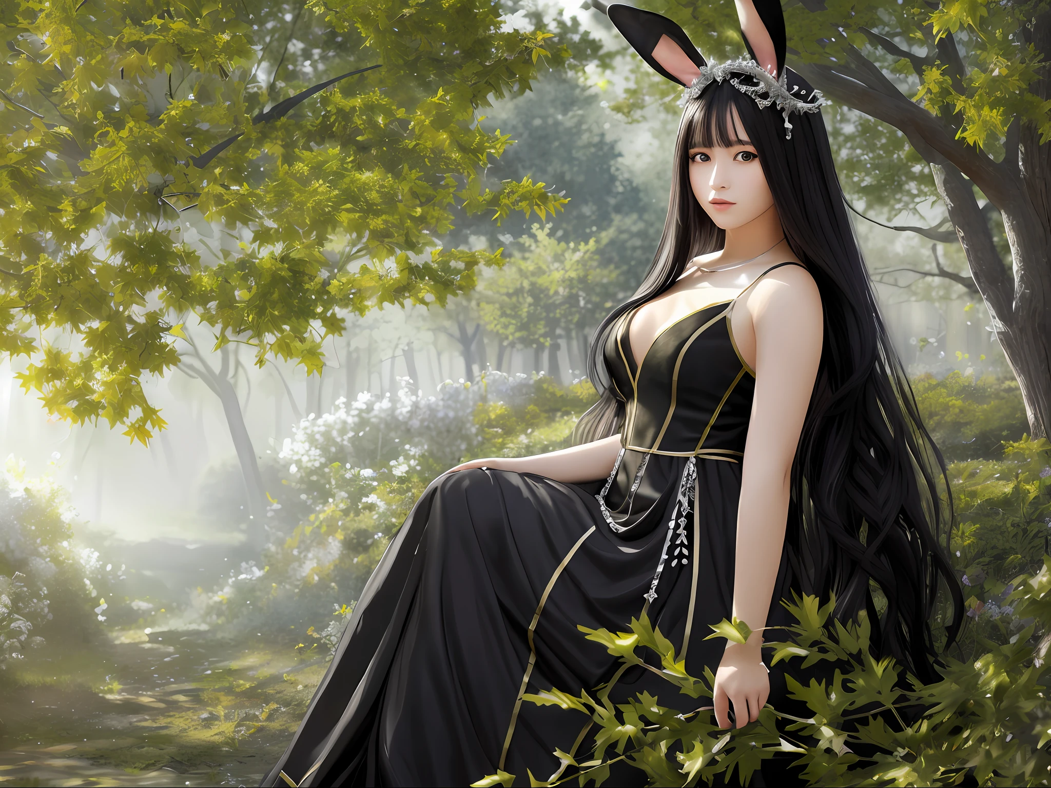 (Masterpiece, 4K resolution, ultra-realistic, very detailed), (red eyes, charming, black belly, lively expression, there is a girl under the tree, wearing God's Chosen costume, she is a rabbit-eared person), [(18 years old), (long hair: 1.2), full body, (red eyes: 1.2), (magician), show strength, arrange magic arrays), ((maple tree with 100-year-old silver leaves): 0.8)|(silver maple tree, night, dynamic lights), (100-year-old silver maple tree))] # Note: The tip mainly describes ultra-high-definition 4K paintings, which are very realistic and very detailed. It shows the Rabbit-eared God's Choice on the edge of the field, dressed in God's Chosen costume and carrying a suitcase. The theme in the painting is to prepare for battle, the heroine has long black hair, is 18 years old, and her entire figure is shown in the painting.