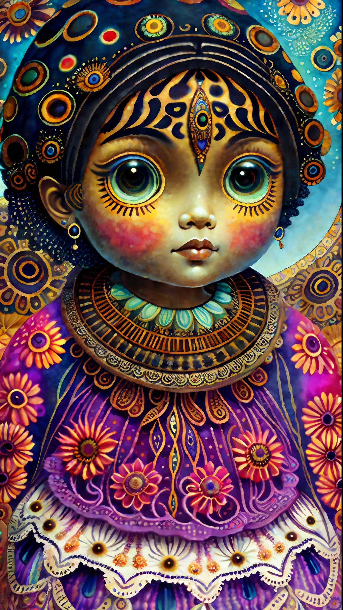 Gorgeous big eyes watercolor sunflower ebony goddess covered in curlycue paisley flowerdesigns, intricate filigreeheaddress highly intricate hyper-detailed landscape illustration painting by Mark Ryden, Keane, Max Ernst, Bosch, Junji Ito, Mucha, maximalism, surrealism, 3d liquid detailing, volumetric lighting, octane render, 16k, storybook, a masterpiece