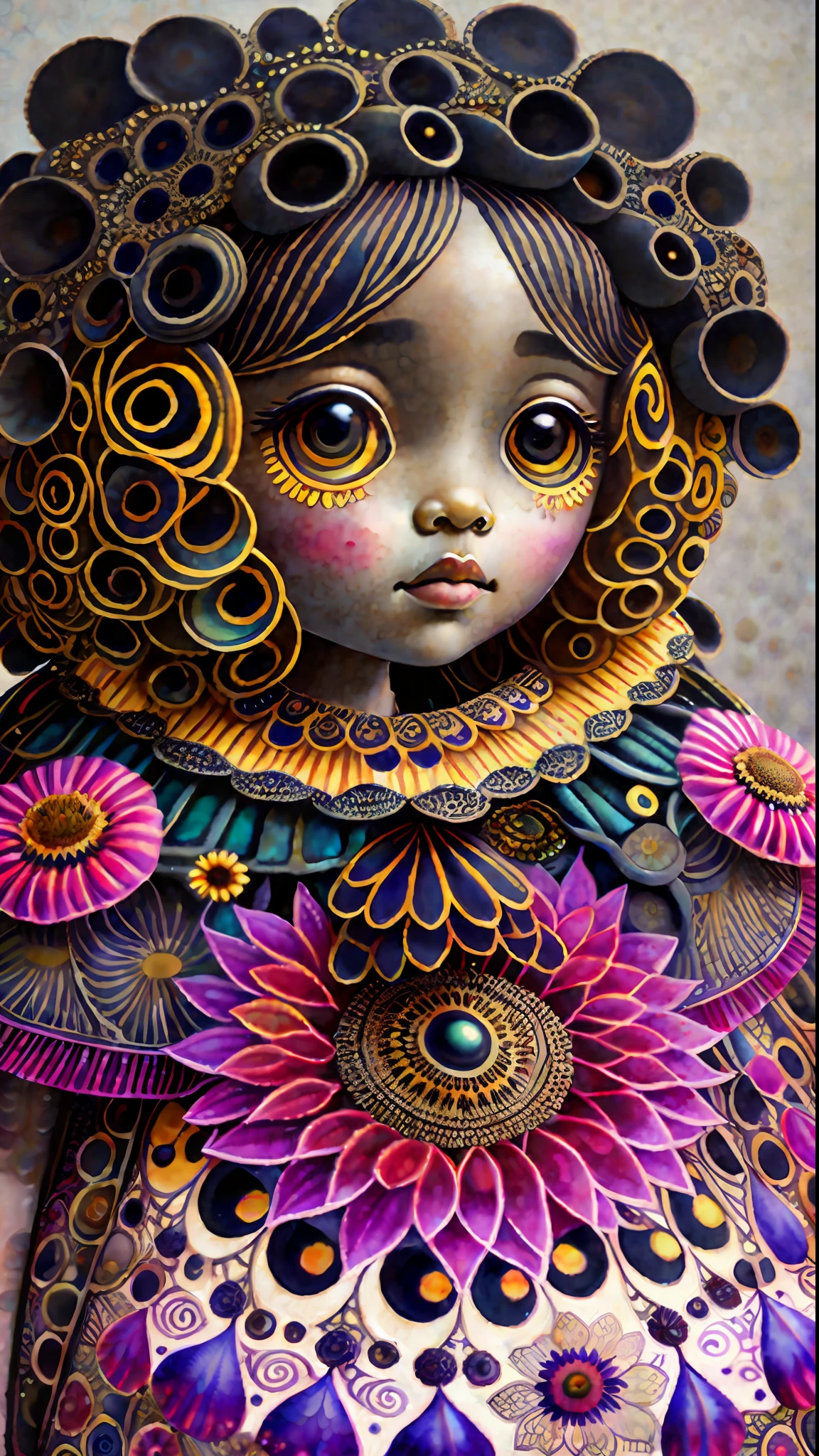 Gorgeous big eyes watercolor sunflower ebony goddess covered in curlycue paisley flowerdesigns, intricate filigreeheaddress highly intricate hyper-detailed landscape illustration painting by Mark Ryden, Keane, Max Ernst, Bosch, Junji Ito, Mucha, maximalism, surrealism, 3d liquid detailing, volumetric lighting, octane render, 16k, storybook, a masterpiece