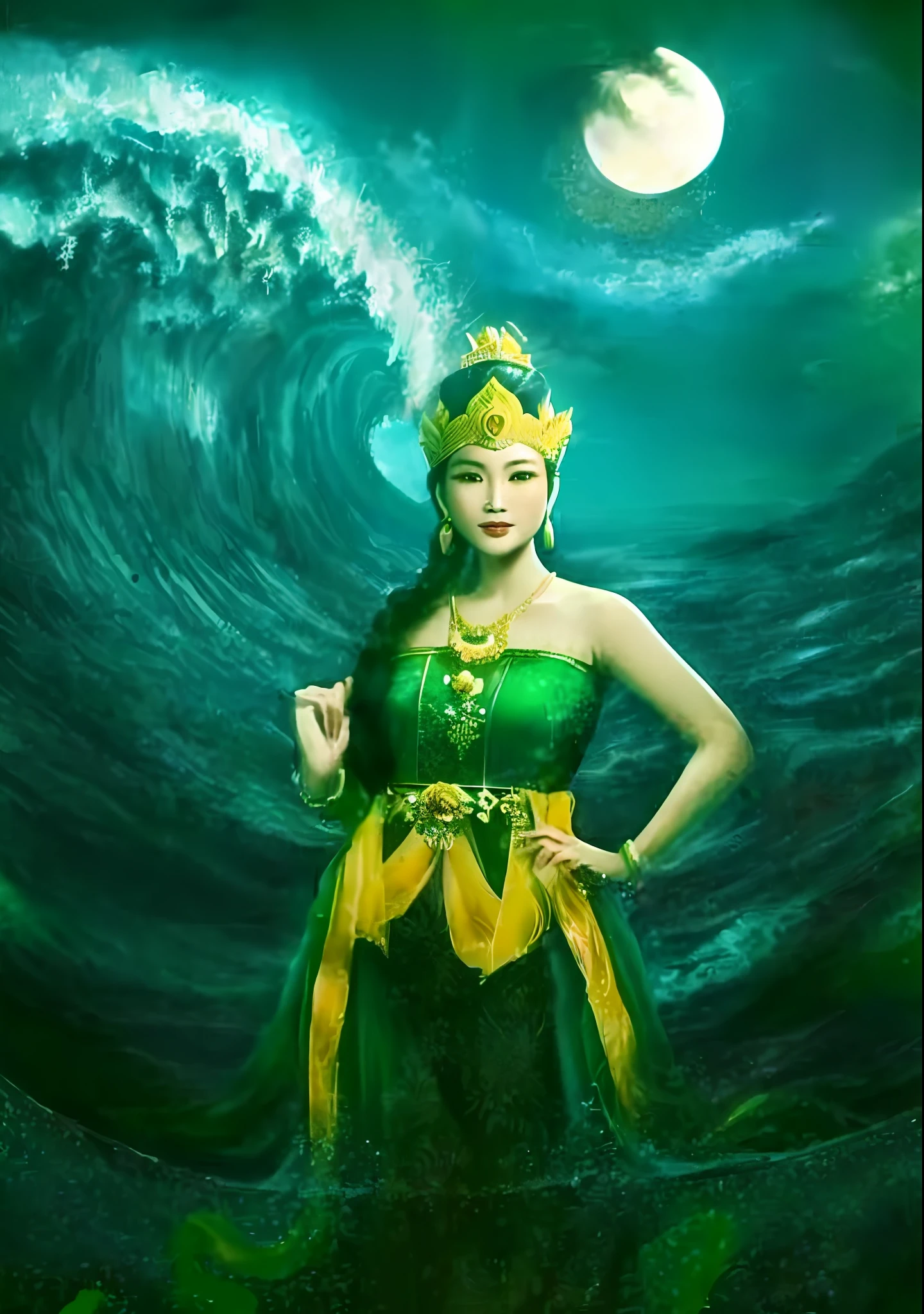 painting of a woman in a green dress standing in front of a wave, queen of the sea mu yanling, goddess of the ocean, goddess of the sea, javanese mythology, by I Ketut Soki, inspired by Rudy Siswanto, inspiring art, mami wata, earth goddess mythology, goddess of nature, inspired by I Ketut Soki
