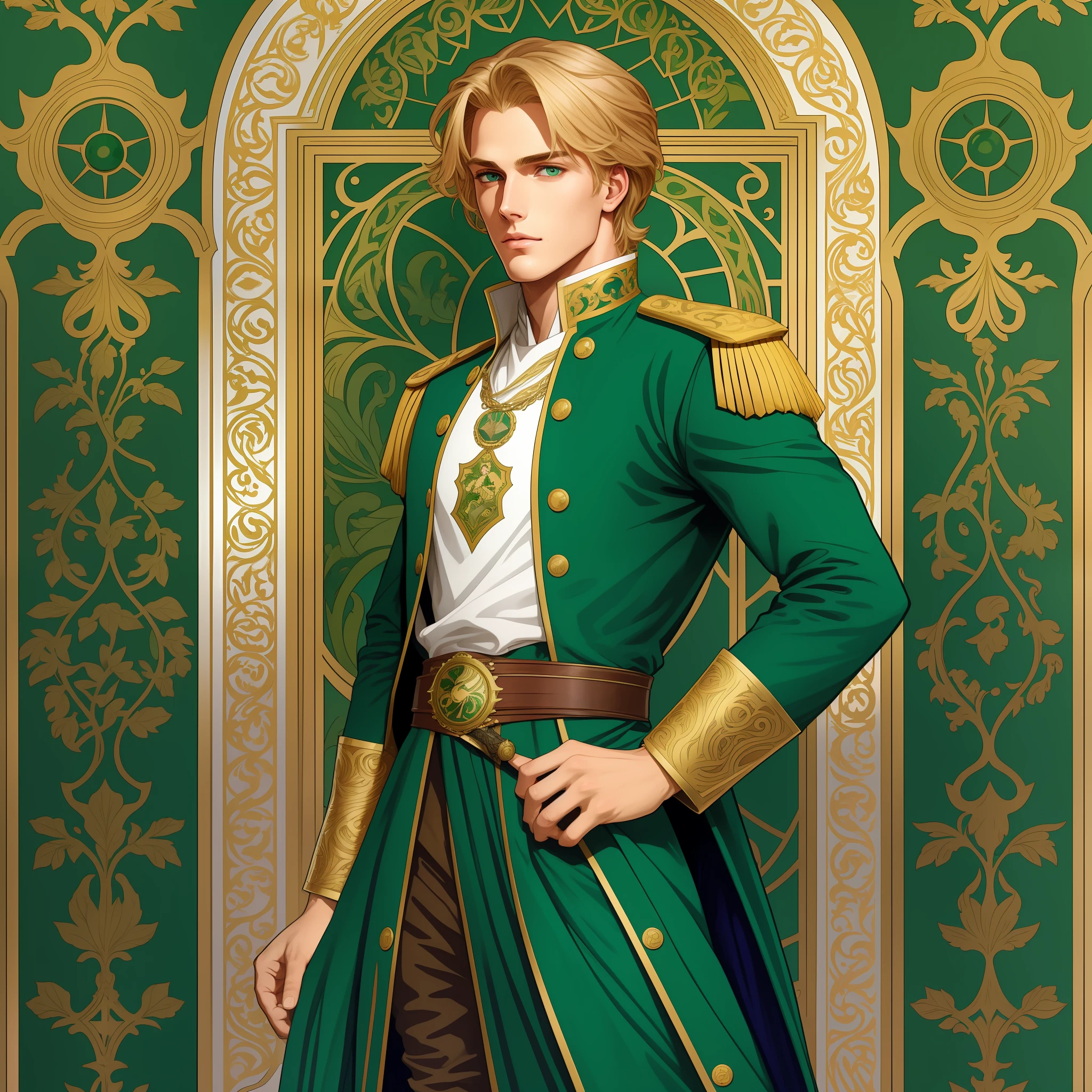 Neels Visser is a prince who has golden blonde hair, wears a moss green medieval military outfit, looking forward with piercing emerald green gaze. full body, art by Alphonse Mucha