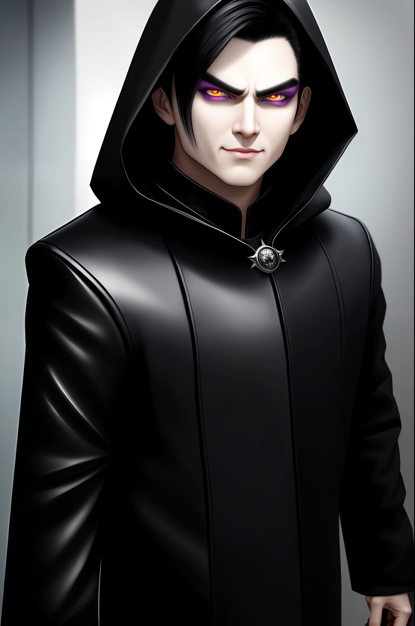 Super-villain, man with black hair (realistic hair) violet eyes (realistic eyes) Asian, Korean, white skin (realistic skin), with black leather clothing, coming out of a dark place (low lighting), with a black hood (detailed clothing) detailed and realistic face, cute details, small face (very detailed face), an evil smile on the face (detailed and realistic smile) hyper-detailed, good lighting, gloomy environment,