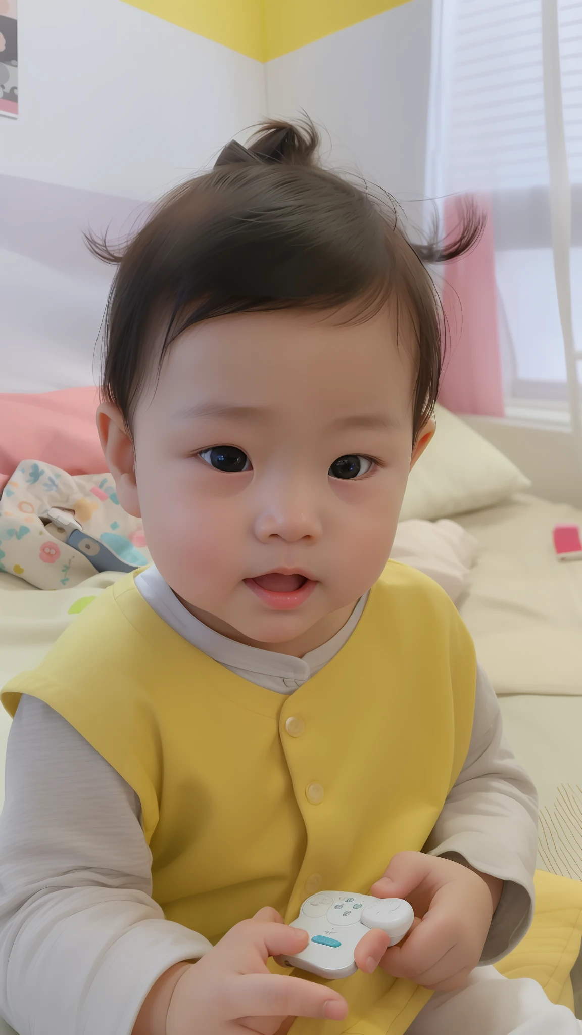 There is a  sitting on the bed with remote control, wan cute korean face, cute doting eyes, Jaeyeon Nam, she has a cute expression face, young cute korean face, loving father wide forehead, lovingly looking at the camera, innocent face, innocent expression, 2 yearung child, cute lg at the camera, round cheeks --auto --s2