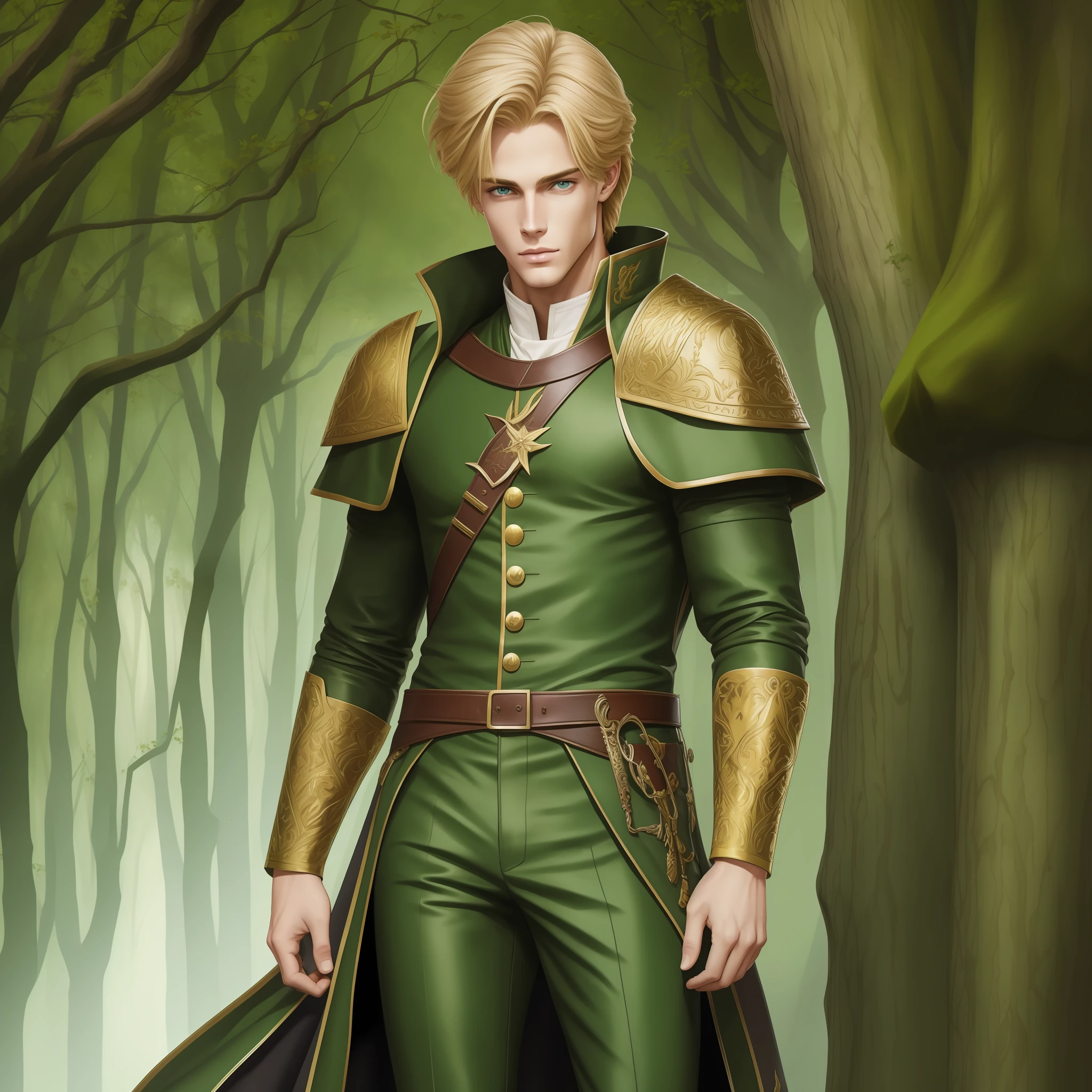 Neels Visser is a prince who has golden blonde hair, wears a moss green medieval military outfit, looking forward with piercing emerald green gaze. full body, WLOP art