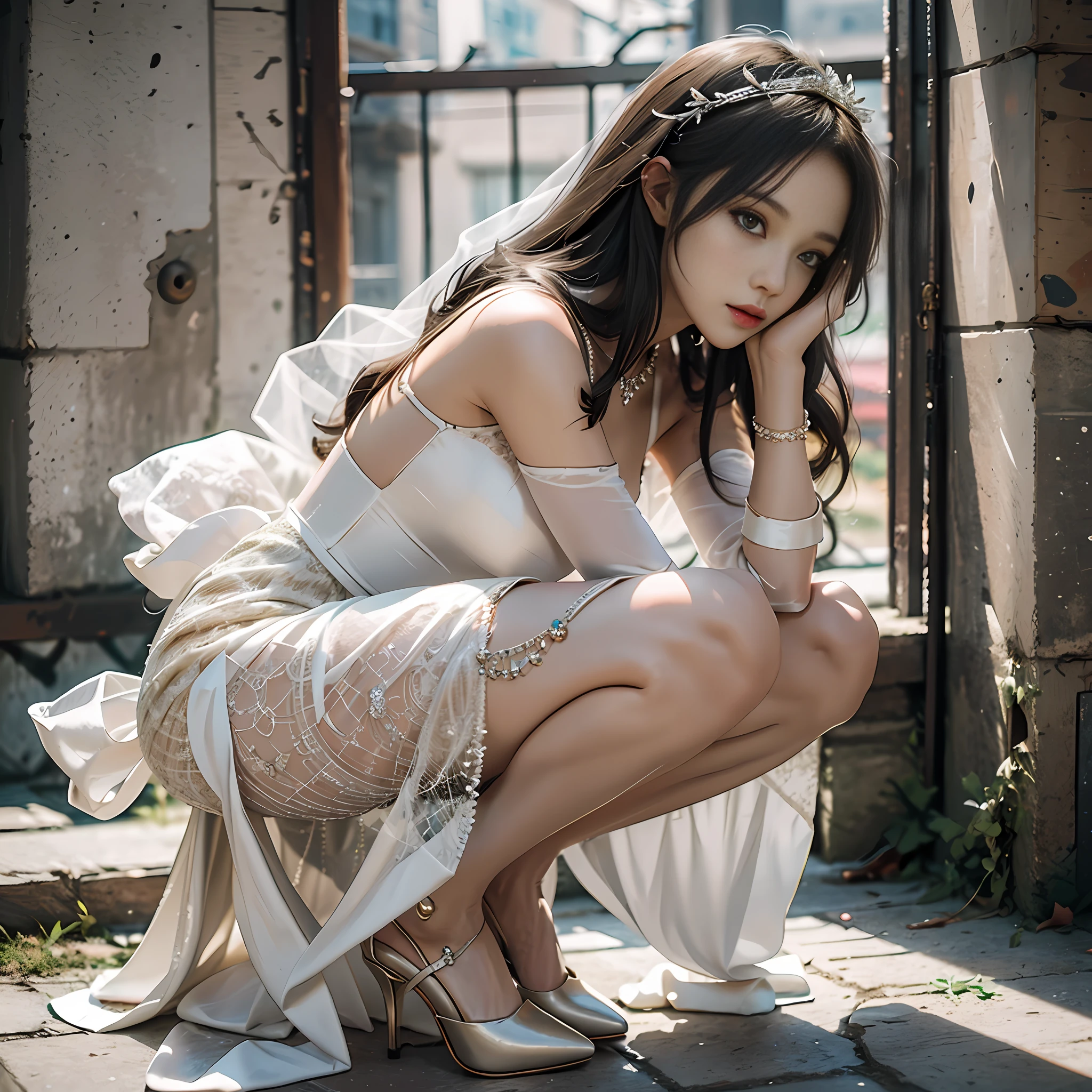 Young princess, slum, half squat, head in hands, stiletto pointed heels, elegant and gorgeous high heels, wedding dress, beautiful face, tall and fair, jewelry, high definition 8K