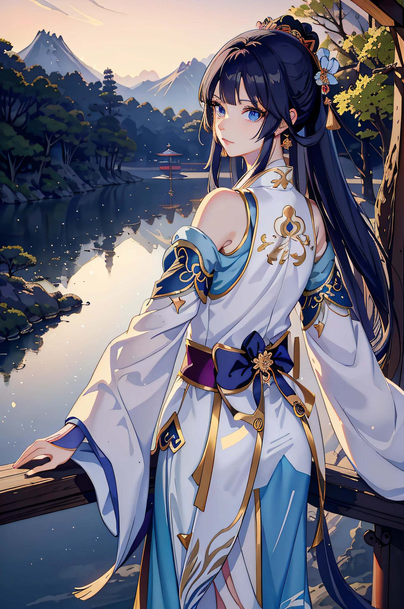 a woman in a white dress standing on a bridge next to a lake, palace ， a girl in hanfu, beautiful alluring anime woman, anime style 4 k, keqing from genshin impact, beautiful character painting, anime wallpaper 4 k, anime wallpaper 4k, beautiful anime girl, beautiful anime woman, anime art wallpaper 4 k, anime art wallpaper 4k