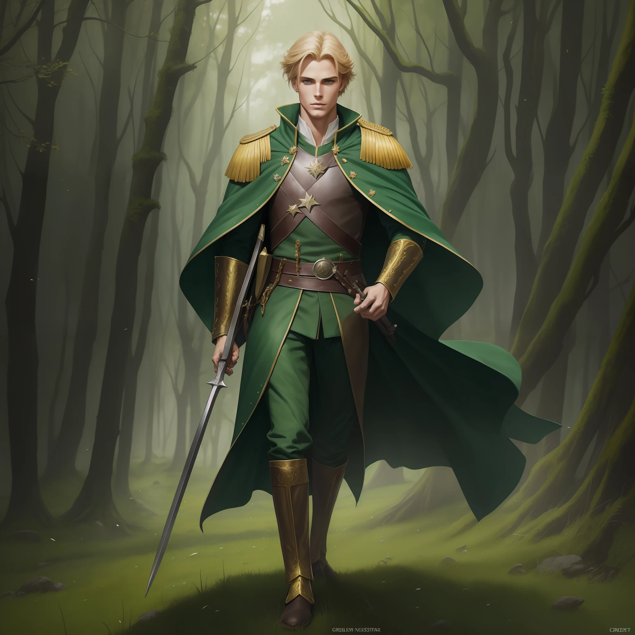 Neels Visser is a prince who has golden blonde hair, wears a moss green medieval military outfit, looking forward with piercing emerald green gaze. full body, art by Greg Rutkowski