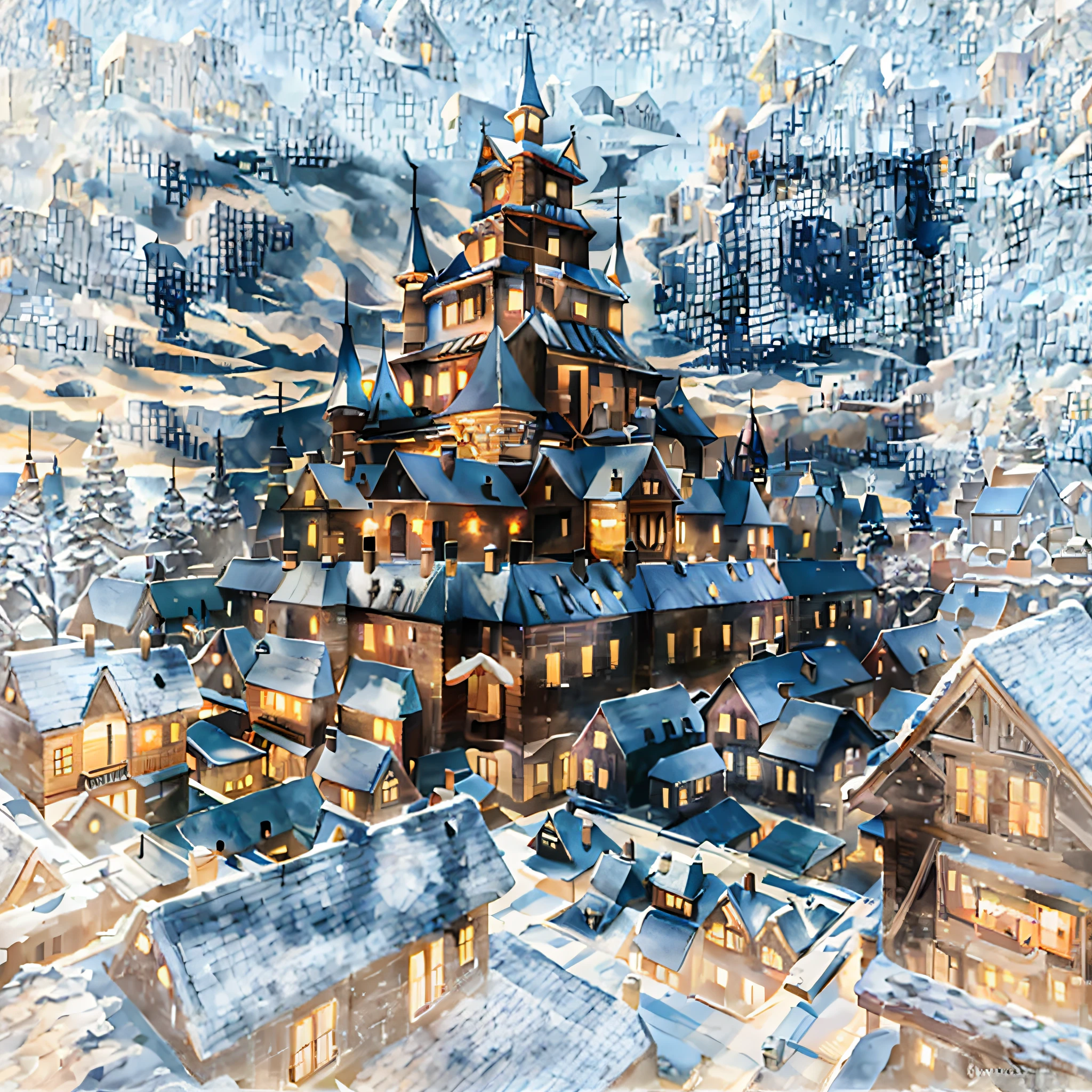 a cubism painting of a town with a lot of houses in the snow with a sky background, Andreas Rocha, matte painting concept art, a detailed matte painting