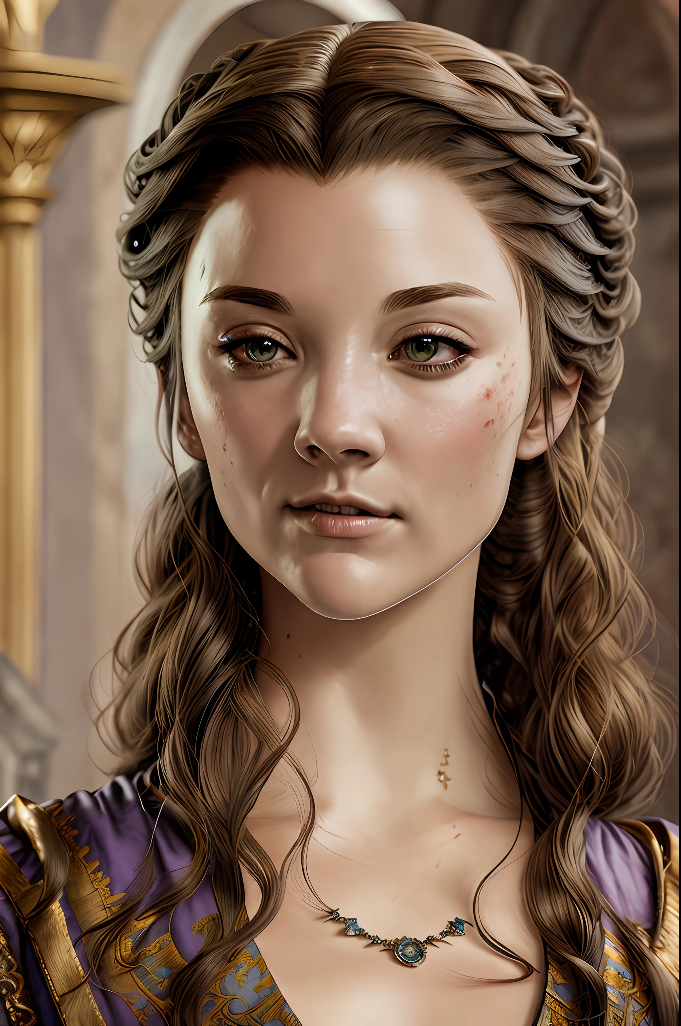portrait photo of teacher margexx a woman, with brown hair, wearing a violet gown in a royal palace in game of thrones, modelshoot style, (extremely detailed CG unity 8k wallpaper), photo of the most beautiful artwork in the world, professional photorealistic picture, NIKON, RAW, trending on ArtStation, trending on CGSociety, Intricate, High Detail, Sharp focus, dramatic, photorealistic painting art by midjourney and greg rutkowski