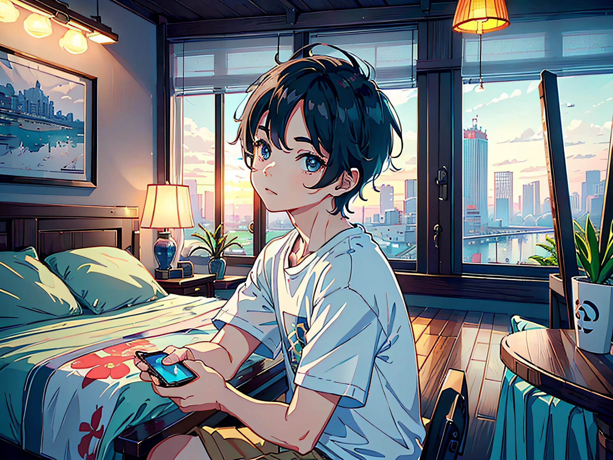 A boy in the bedroom, sitting on a chair, holding an iPhone in his hand, (holding an iPhone: 1.5), an iPhone, the man is wearing a white T-shirt in the background, sitting on a stool. The lens mainly features the upper body, in the Loepfe Art style ((New Sea City), popular in CGStation, New Hai Cheng H 2160, cute aesthetics, cute, inspired by Bian Shoumin, cute hip hop, new sea city, Kavassi, Guwitz style, high quality, 4K, 8K, resolution, -auto-s2