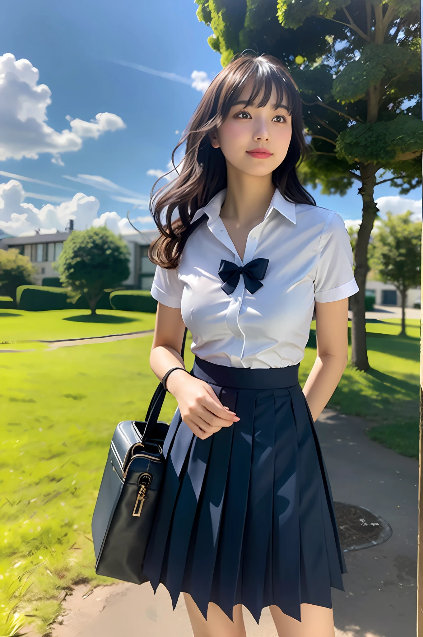 4K, LDR, best quality, masterpiece, high detail, super high resolution, digital photography, bangs, film lighting, (Fujifilm color:1.2) portrait, wide angle view, professional, (photography: 1.2), (dynamic pose: 1.1), (close up), 1 girl, solo, slightly smiling, delicate face, medium breasts, wide hips, classic wavy long hair, (FSB:1.4), (Frosuke: 1.4), white shirt, ((BREAK black bra)),bow, navy blue pleated skirt, school uniform, school bag, short sleeves, bangs, outdoor, sky, collared shirt, collarbone, blurred background, look to the side, sky, dress shirt, blue sky, clouds