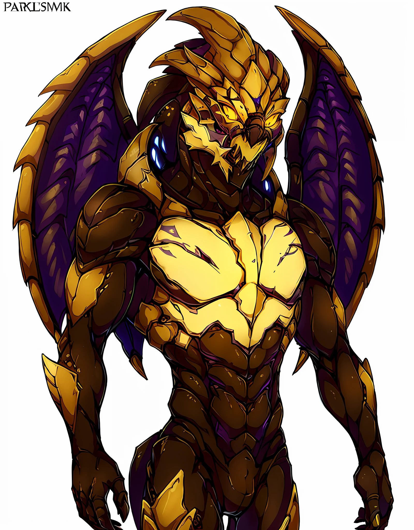 award winning, masterpiece, 1male, male, solo, solo focus, fullbody, dark brown body, glowing yellow eyes, wearing no clothes, mutalisk wings, pustules of acid on body, turian, zerg, hybrid, standing, portrait, open mouth, white background