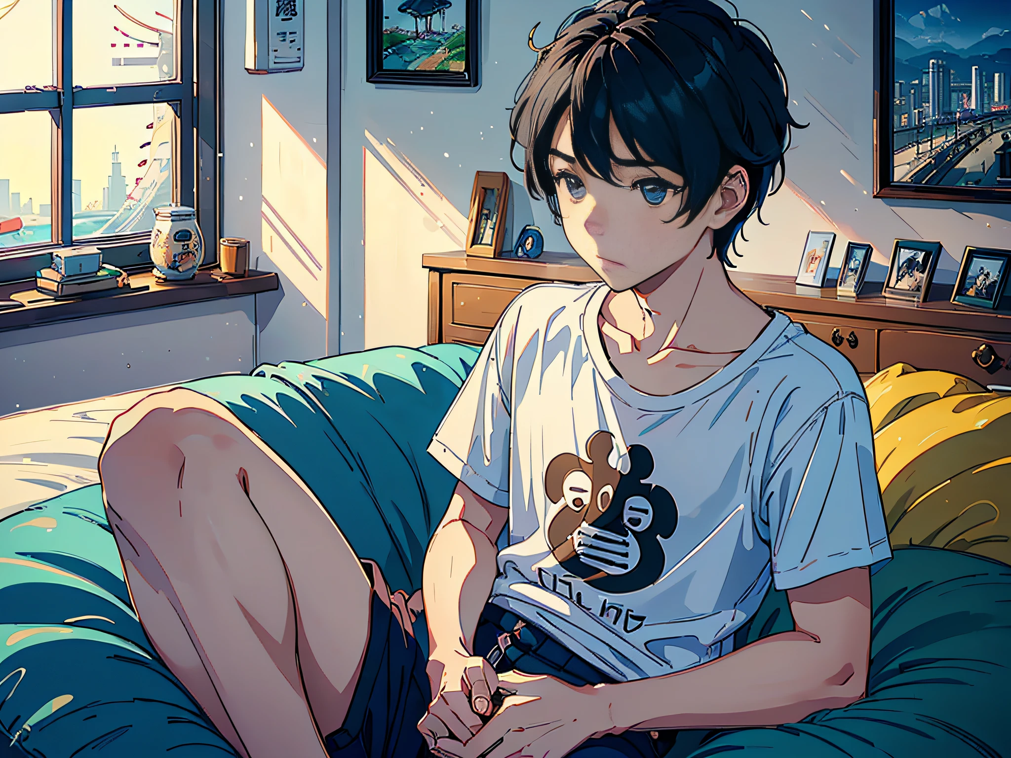 A boy in the bedroom, sitting on a chair, holding an iPhone in his hand, (holding an iPhone: 1.5), an iPhone, the man is wearing a white T-shirt in the background, sitting on a stool. The lens mainly features the upper body, in the Loepfe Art style ((New Sea City), popular in CGStation, New Hai Cheng H 2160, cute aesthetics, cute, inspired by Bian Shoumin, cute hip hop, new sea city, Kavassi, Guwitz style, high quality, 4K, 8K, resolution, -auto-s2