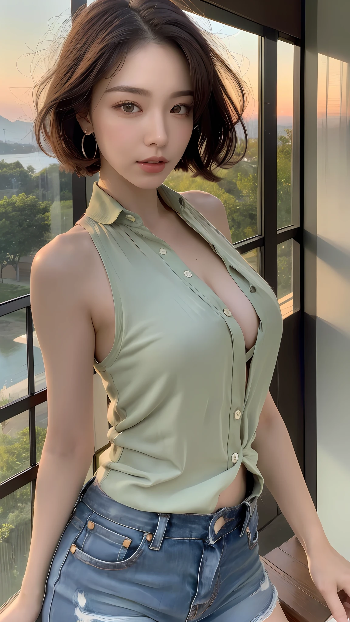 (Best quality, Ultra high resolution, Masterpiece :1.3), A tall and pretty woman, Perfect figure beauty, (Dark brown short hair), Loose sleeveless button up shirt, Cut off shorts, (Nature view at dawn in background), Details exquisitely rendered in the face and skin texture, Detailed eyes, Double eyelid