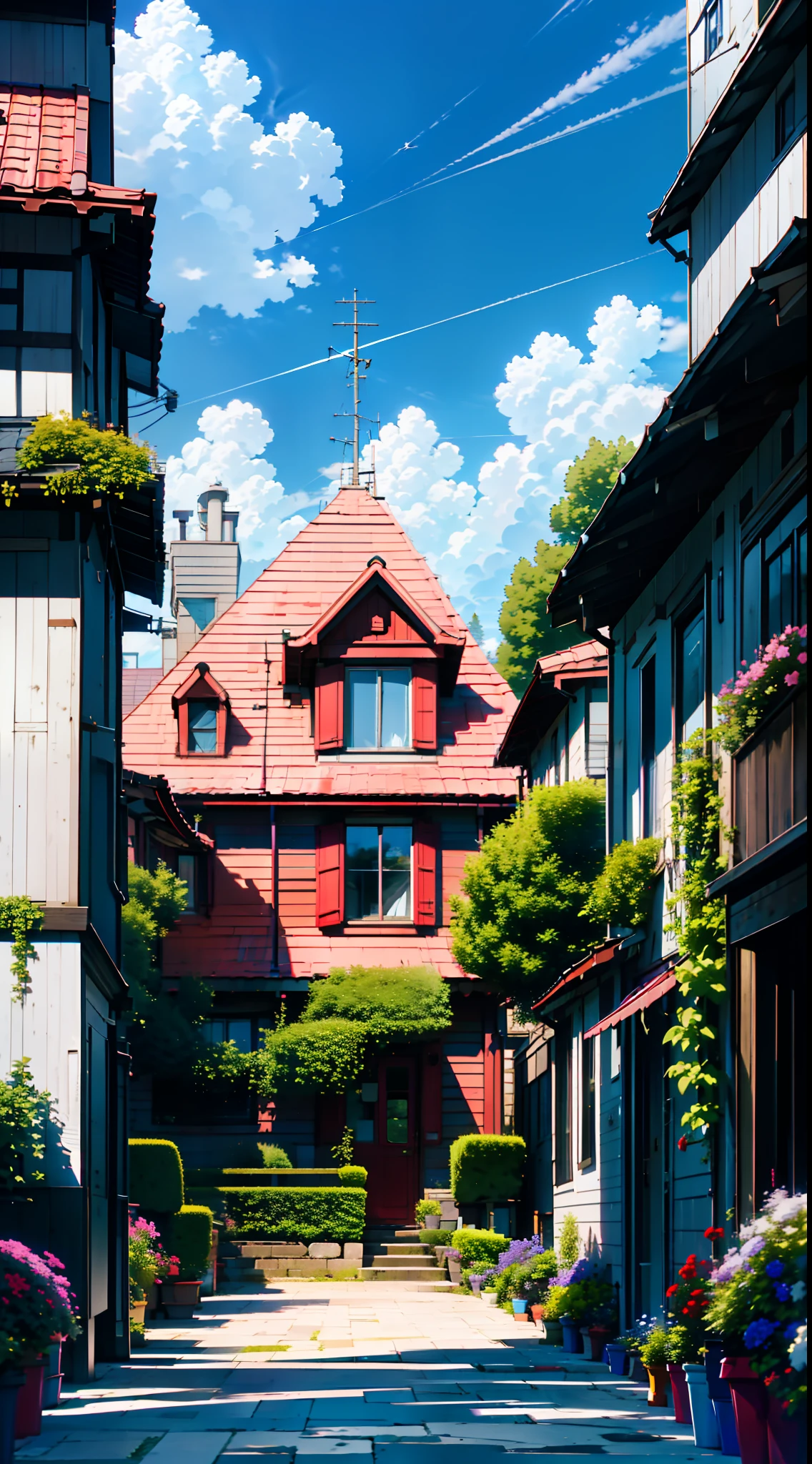 scenery, outdoor, street, buildings, masterpiece, best quality, 8k, raw photo, absurdres, sharp focus, wide shot,  (perspective, depth of field, bleach bypass:1.5), photorealistic, highres, ultra detailed, cinematic lighting, film grain, chromatic aberration, flower beds, blue sky, small cats