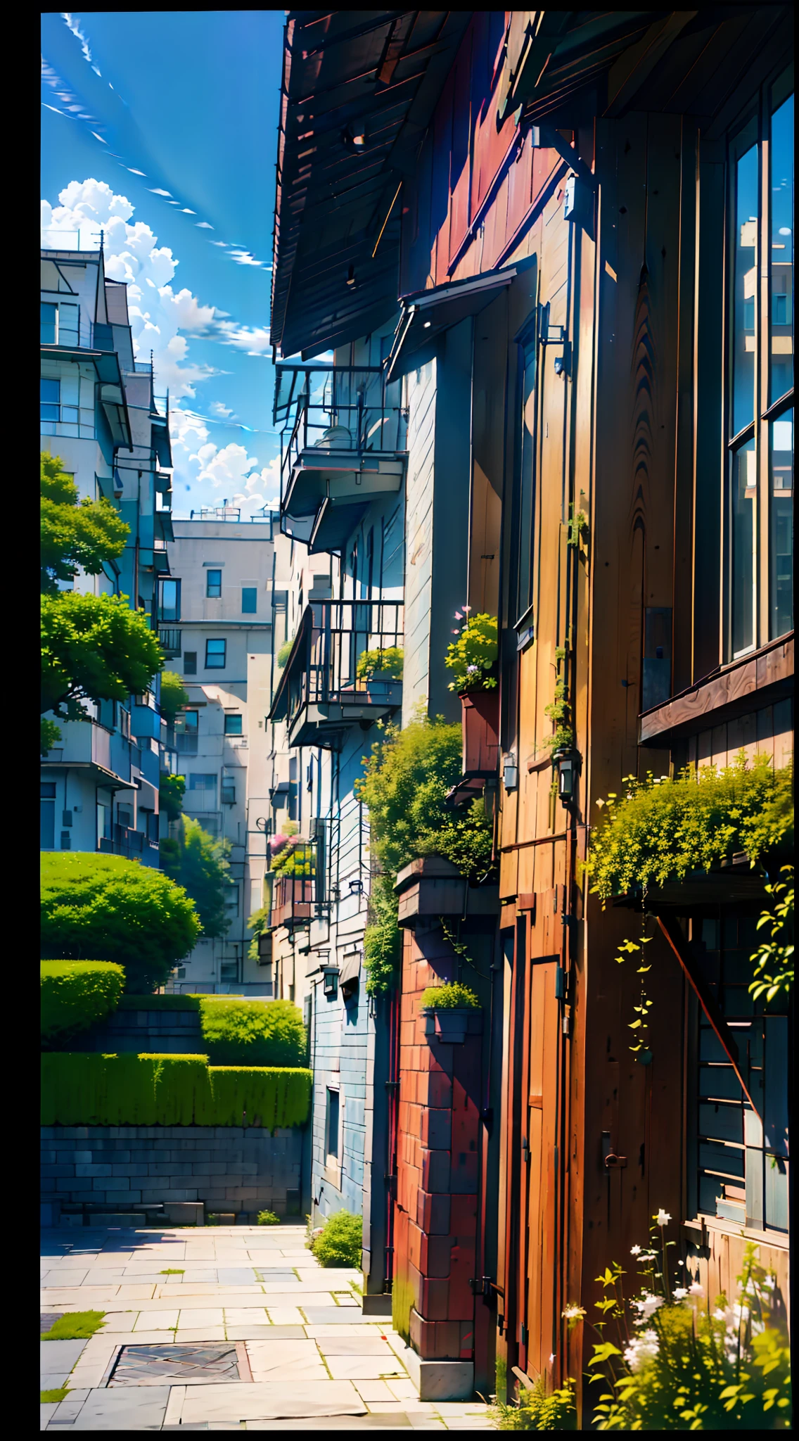 scenery, outdoor, street, buildings, (no humans, masterpiece, best quality, 8k, raw photo, absurdres:1.5), sharp focus, wide shot, small cats, (perspective, depth of field, bleach bypass:1.4), photorealistic, highres, ultra detailed, cinematic lighting, film grain, chromatic aberration, flower beds, blue sky