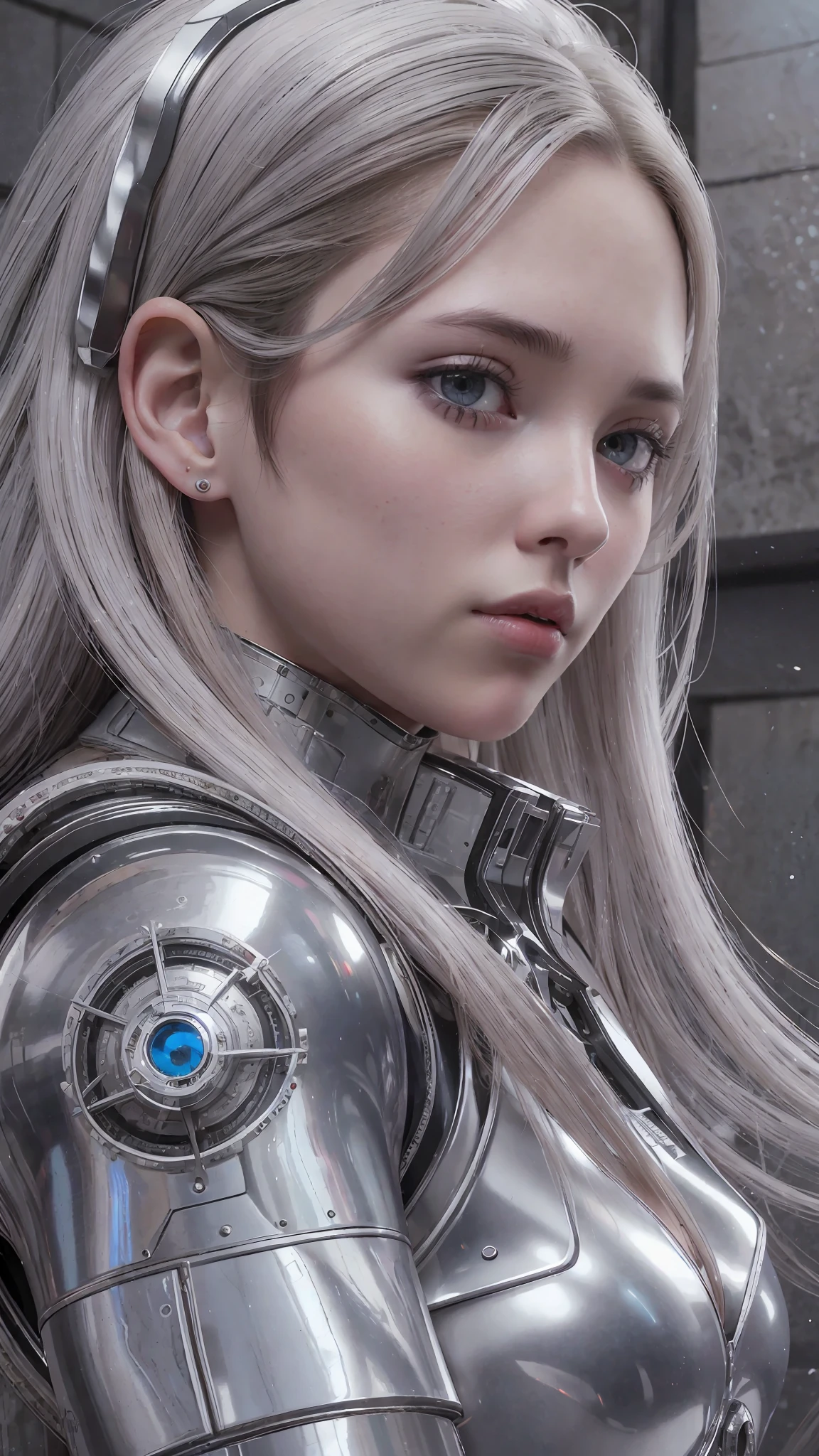 (RAW photo, 4k, masterpiece, high res, extremely intricate) (photorealistic:1.4), cinematic lighting 1girl, solo focus, summer noon, hot, 1990s (style), cowboy shot,indoors,the upper part of the body, masterpiece, best quality, masterpiece,best quality,official art,extremely detailed CG unity 8k wallpaper, beautiful detailed eyes, artbook, photo, real, realistic, futuristic knight, (silver, long hair), mecha girl, mechanical parts, space station, Expressive Hues, Vibrant Palette,B lack and white clothes, --auto --s2