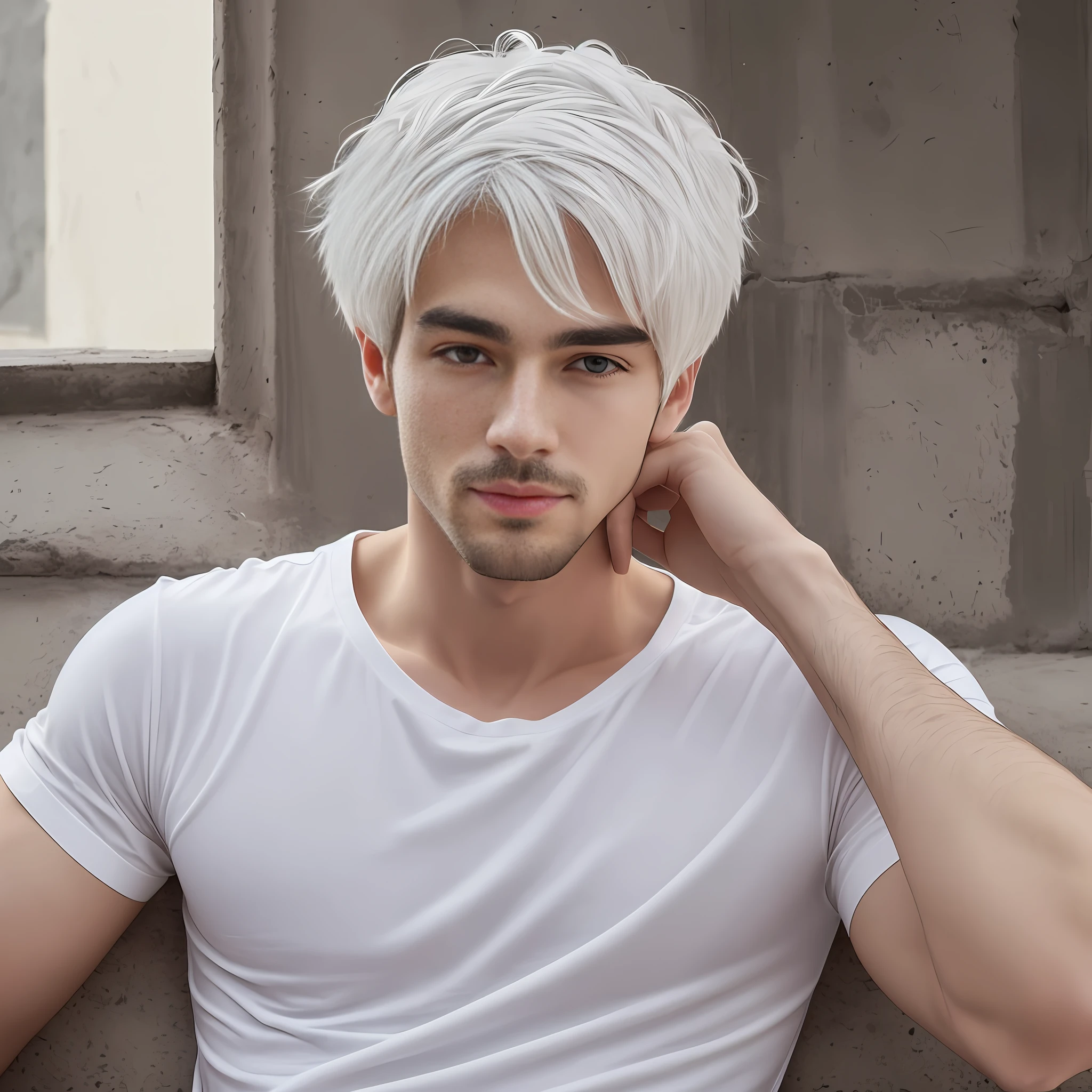White hair,hansome ,man,romantic,attention,white t-shirt