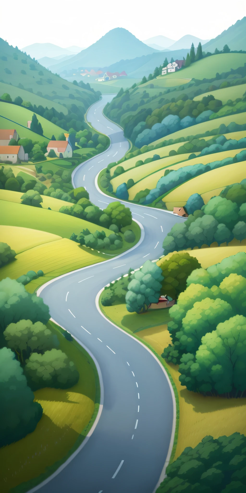 illustration of a winding road in a hilly landscape with houses and trees, hilly road, landscape illustration, road between hills, houses and roads, flowing hills, artwork about a road to freedom, stylized digital illustration, hd illustration, countryside, a beautiful artwork illustration, country road, naive art, by James Jarvaise, road, detailed landscape, downhill landscape