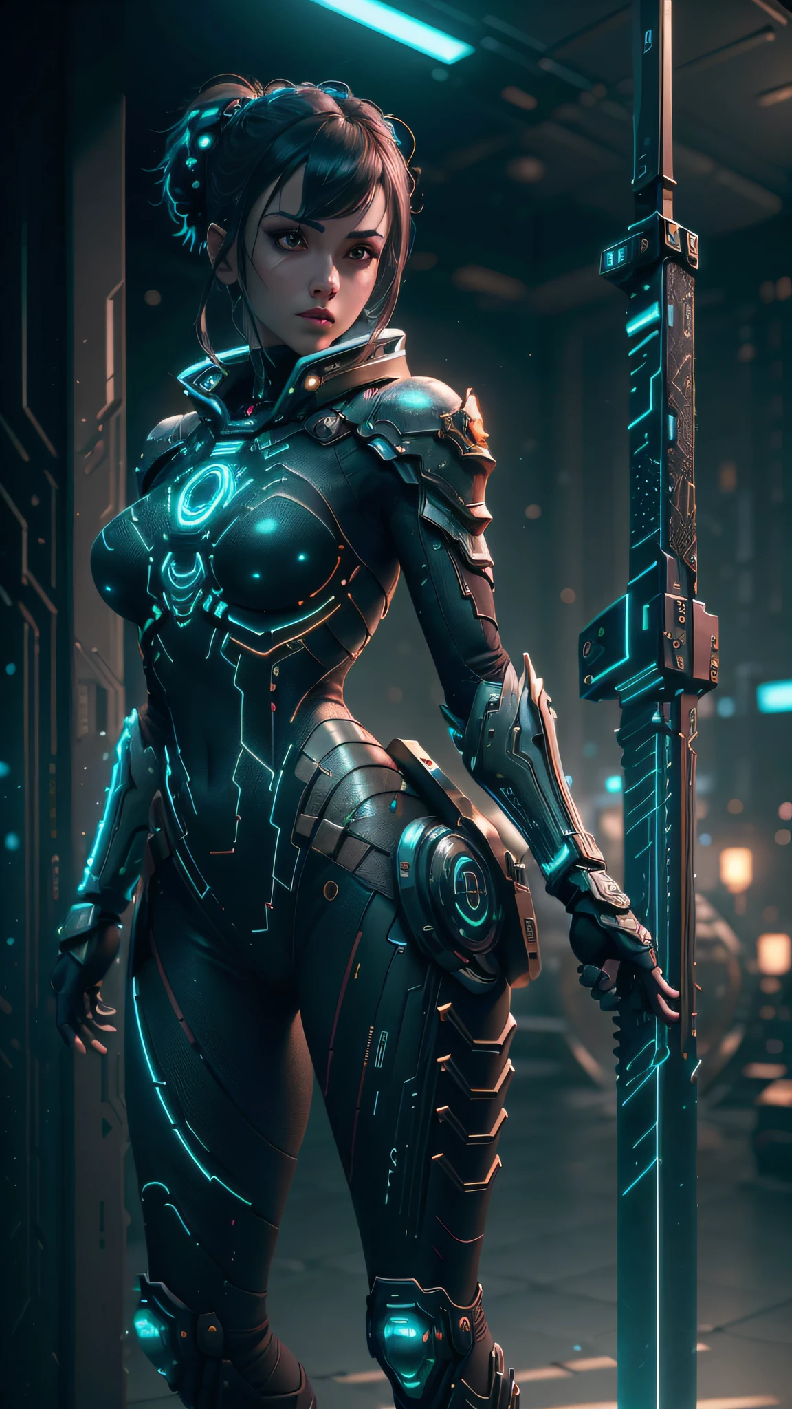 ((Best Quality)), ((Masterpiece)), (Details:1.4), 3D, Beautiful Cyberpunk Woman Image,Holding a Big Sword,HDR (High Dynamic Range),Ray Tracing,NVIDIA RTX,Super Resolution,Unreal 5,Subsurface Scattering,PBR Texturing,Post-Processing,Anisotropic Filtering,Depth of Field, Maximum Clarity and Sharpness, Multilayer Textures, Albedo and Specular Maps, Surface Shading, Accurate Simulation of Light-Material Interactions, Perfect Proportions, Octane Rendering, Two-Tone Lighting, Wide Aperture, Low ISO, White Balance, Rule of Thirds, 8K RAW, Circuit Board AI,