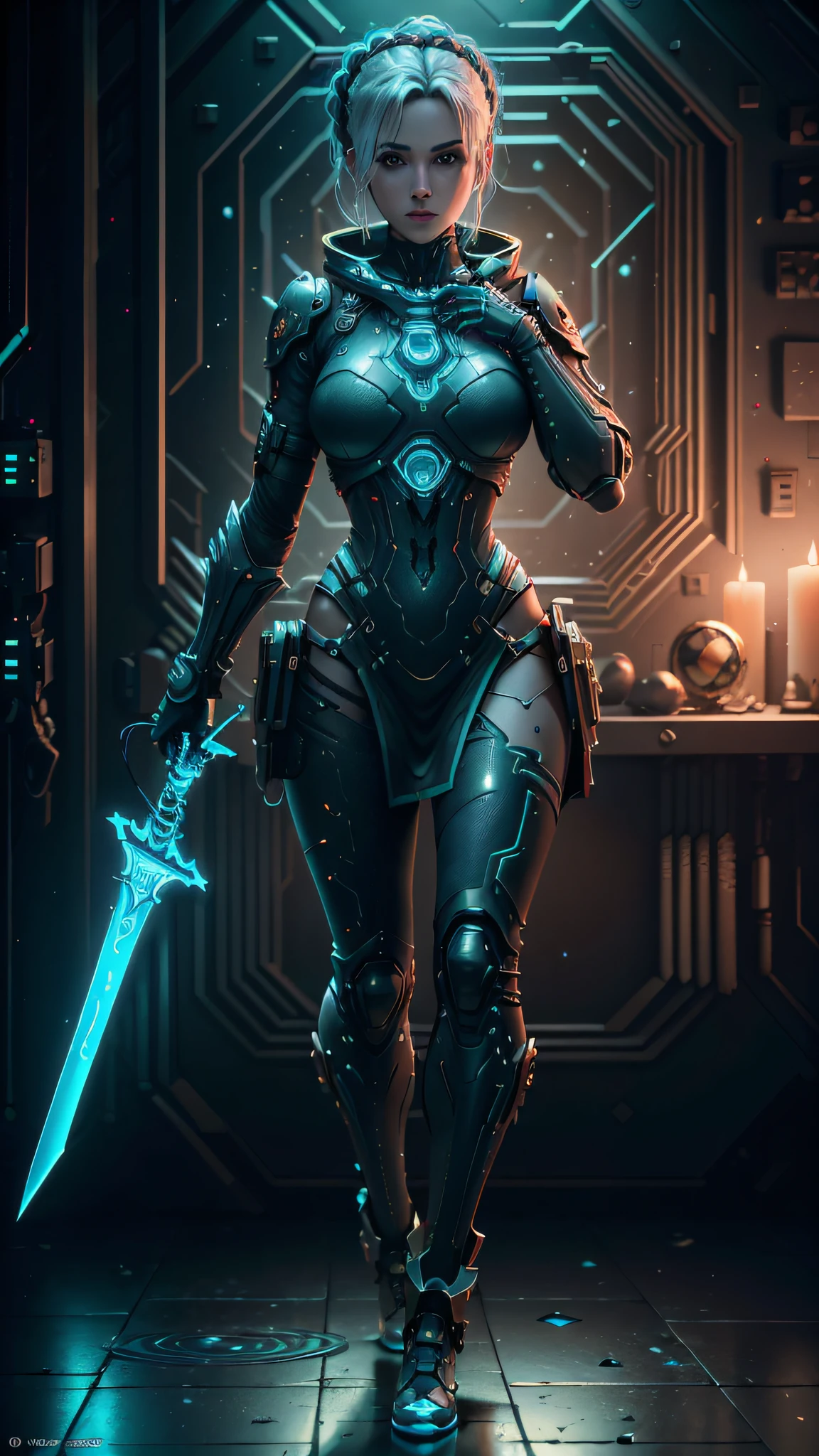 ((Best Quality)), ((Masterpiece)), (Details:1.4), 3D, Beautiful Cyberpunk Woman Image,Holding a Big Sword,HDR (High Dynamic Range),Ray Tracing,NVIDIA RTX,Super Resolution,Unreal 5,Subsurface Scattering,PBR Texturing,Post-Processing,Anisotropic Filtering,Depth of Field, Maximum Clarity and Sharpness, Multilayer Textures, Albedo and Specular Maps, Surface Shading, Accurate Simulation of Light-Material Interactions, Perfect Proportions, Octane Rendering, Two-Tone Lighting, Wide Aperture, Low ISO, White Balance, Rule of Thirds, 8K RAW, Circuit Board AI,