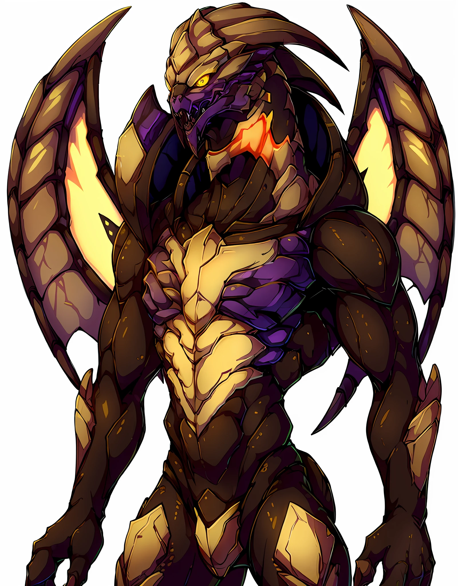 award winning, masterpiece, 1male, male, solo, solo focus, fullbody, dark brown body, glowing yellow eyes, wearing no clothes, huge mutalisk wings, pustules of acid on body, turian, zerg, hybrid, standing, portrait, open mouth, white background