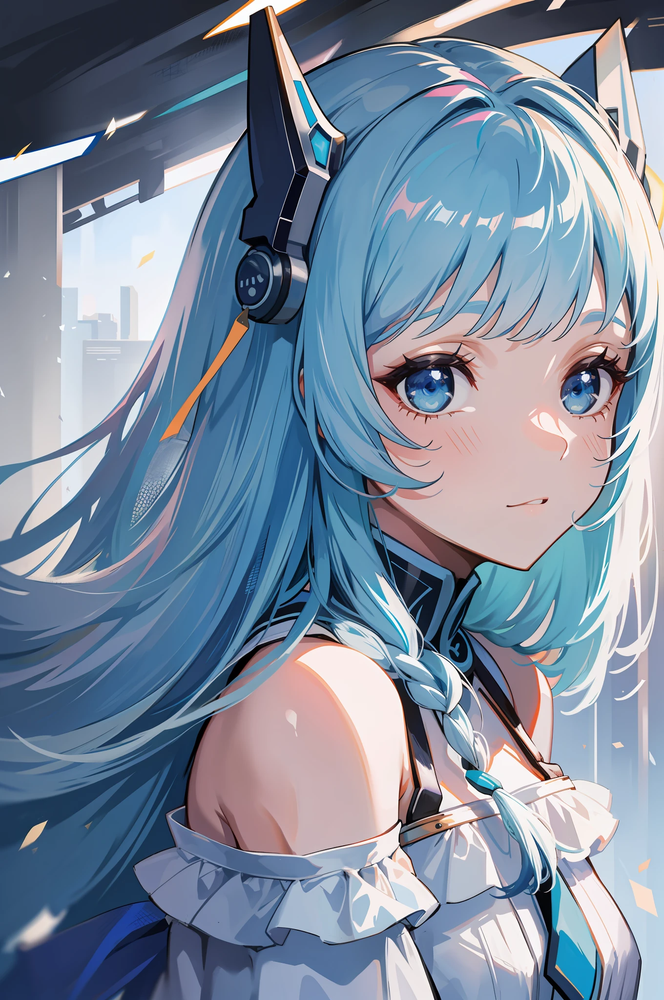 1 girl with long light blue hair, white skirt, close-up of face