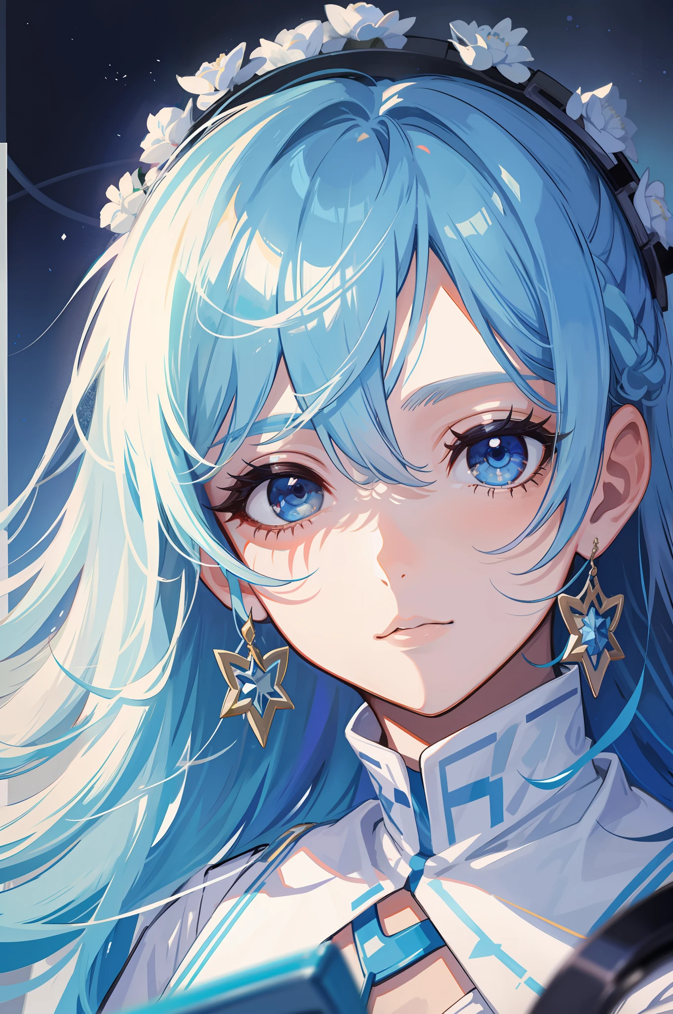 1 girl with long light blue hair, white skirt, close-up of face