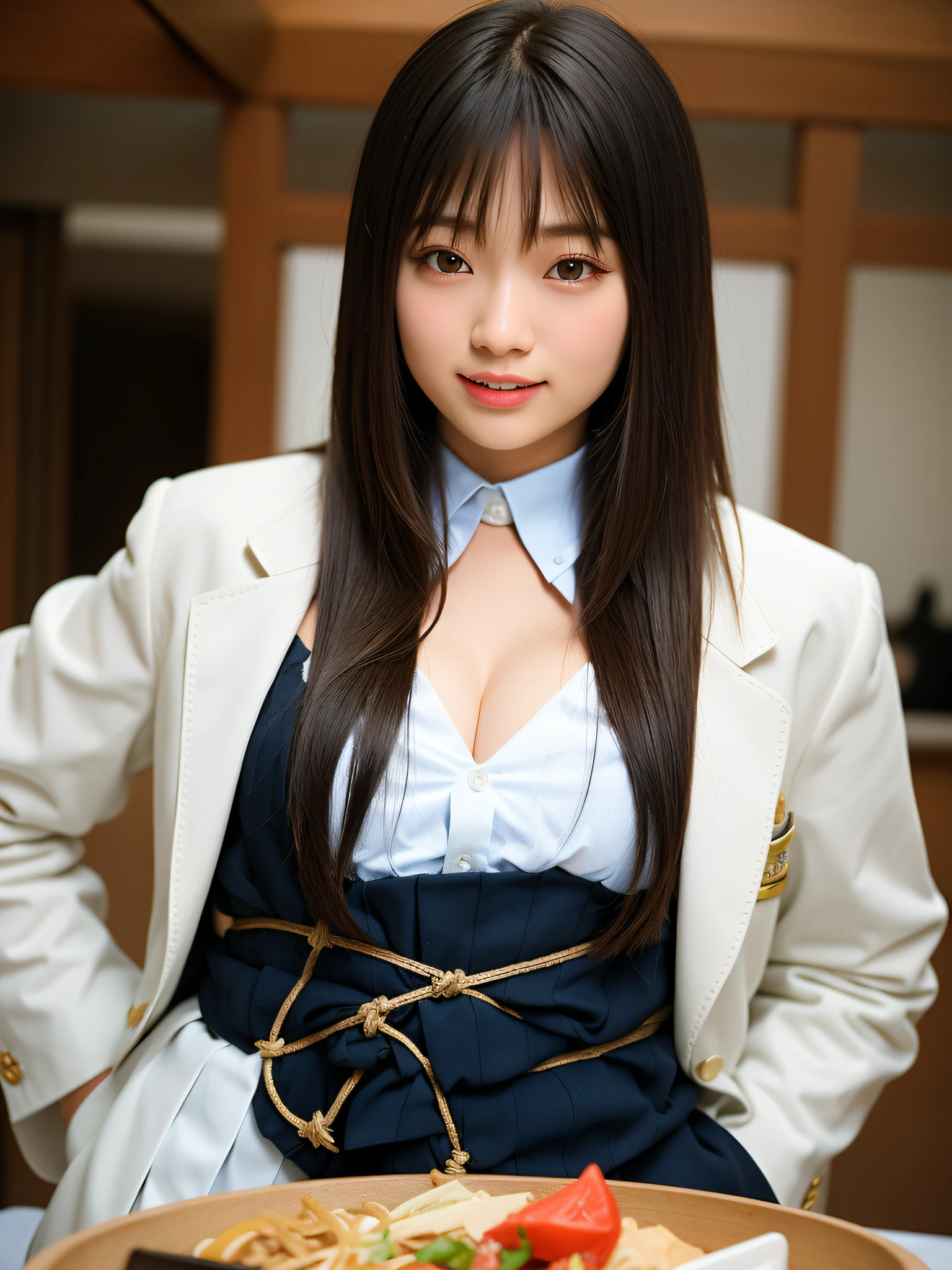 nikon RAW photo,8 k,Fujifilm XT3,masterpiece, best quality, High Fashion Encounter: A 22-year-old Taiwanese woman with beautiful long black hair and straight bangs, her eyes twinkling with mischief; she is sensually enjoying her ramen, but in a charmingly clumsy manner; noodles are spilling from her slightly parted, glossy lips, falling onto her immaculate white suit, staining it; her delightful smile and carefree enjoyment of the meal overshadow this minor mishap, adding a touch of sexy and goofy charm to the scene.