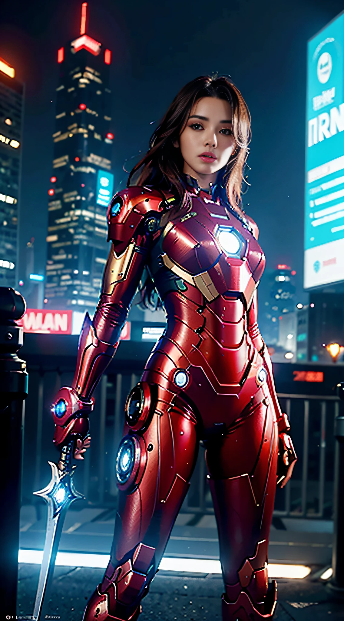8k, realistic, charming, highly detailed 20 year old girl, holding a sword and shield,Sexy and attractive woman inspired by Iron Man wearing shiny Iron Man mecha. She dresses sexy and confident, perfectly interpreting Iron Man's strength and charisma. In the cyberpunk-style city night scene, sexy and attractive women theme Iron Man cosplay. Wearing a shiny Iron Man mech, she stands on a street lined with skyscrapers. The city's night lights are bright, reflecting her mechs and giving a sense of futuristic technology. The surrounding buildings and streets are full of cyberpunk elements, such as neon lights, high-tech devices, and futuristic architectural design. The whole scene is futuristic and full of sci-fi atmosphere. This high-resolution, high-quality image brings stunning visual enjoyment, a perfect combination of sexy, futuristic and sci-fi elements. OC rendering, dramatic lighting, award-winning quality