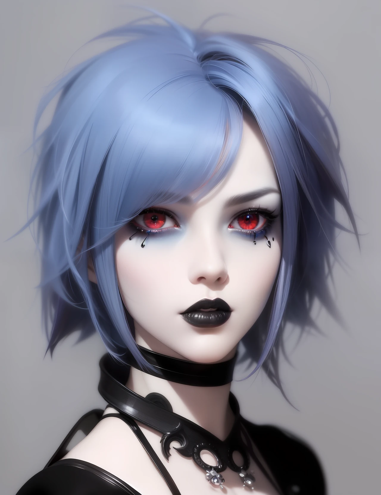 A closeup of a woman with black hair and a choked, stunning anime face portrait, face - up, piercing red eyes, Jinx portrait of Arcane, render photorealistic anime girl, luts, cute face. Dark Fantasy, Epic 3 D Abstract Emo Girl, Short Blue Haired Woman, Azure. Detailed hair, hyper realistic anime, pale bluish skin
