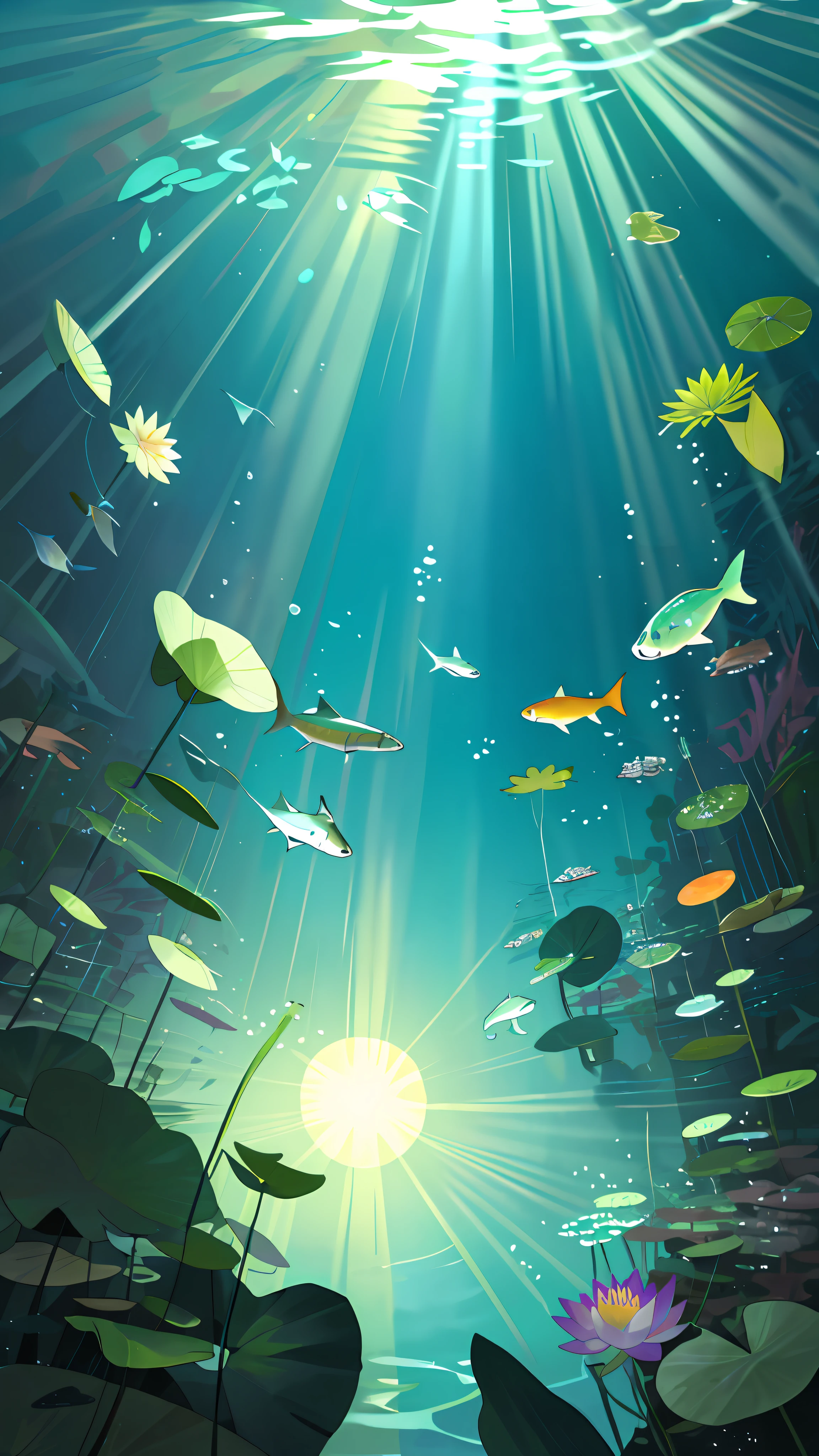 High precision illustration, summer, colorful, water surface, underwater, sunlight, glow, fish, aquatic plants, underwater plants, lotus leaves, ripples, rotation