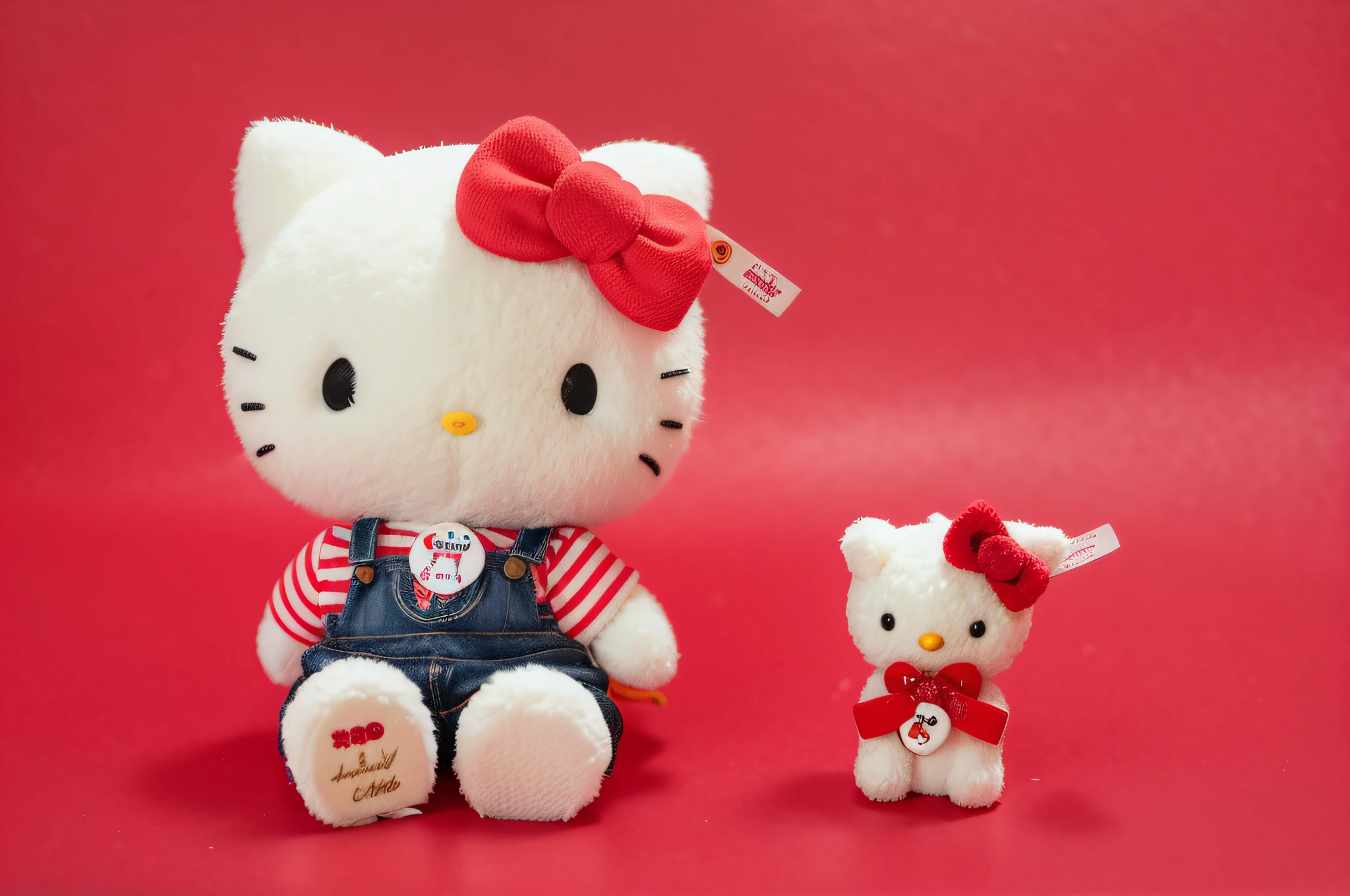 there is a hello kitty doll and a hello kitty doll on a red background, sanrio, hello kitty, sanrio ornaments, cute:2, official product photo, super high resolution, h 576, h 7 6 8, h 768, high quality image”, detailed image, japanese collection product, full product shot, 8 h, full image