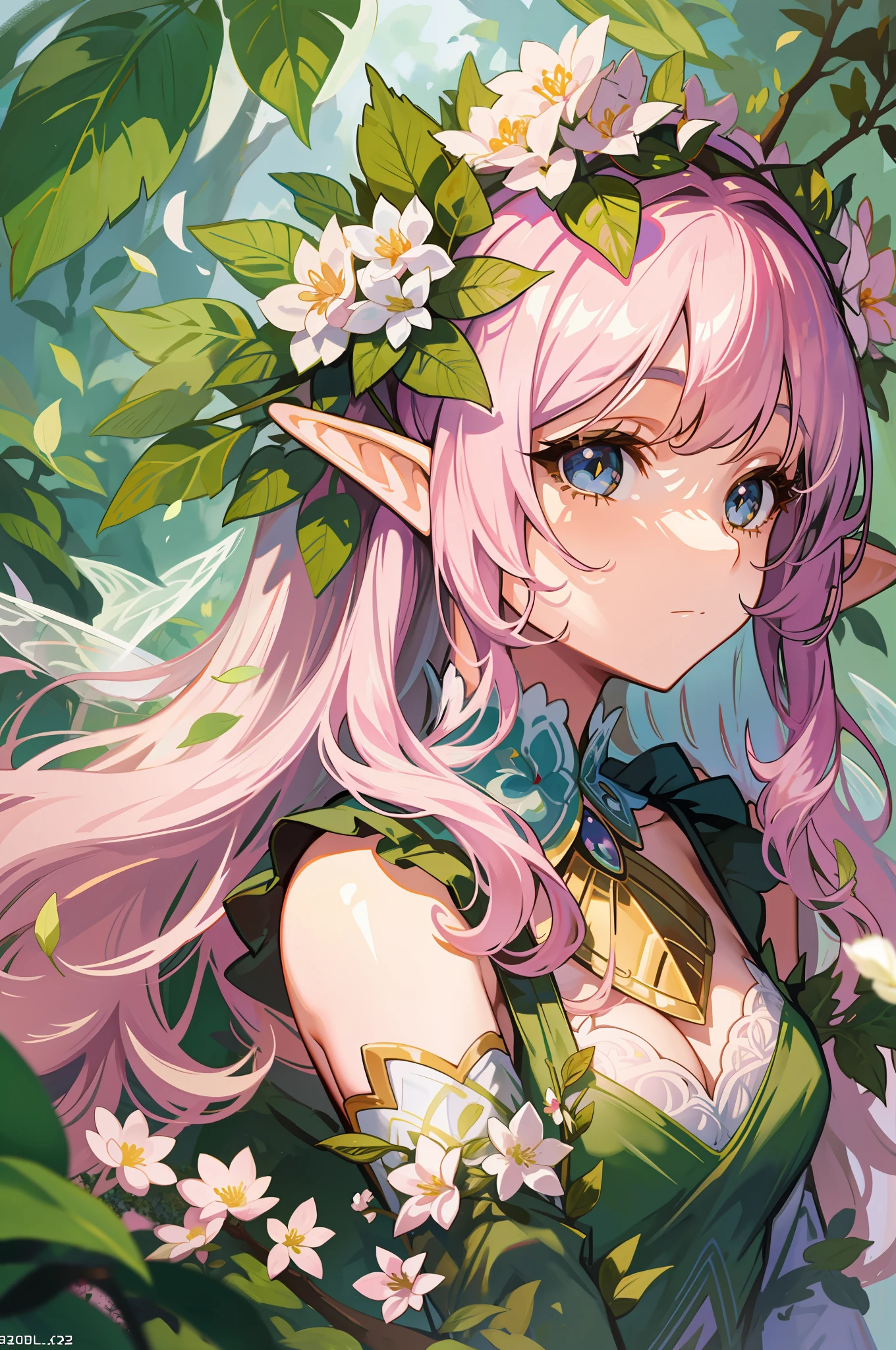 1 girl, very light pink long hair, big wavy curls, face close-up, flower fairy, leaf slip dress, transparent elf wings, white flowers, forest stream