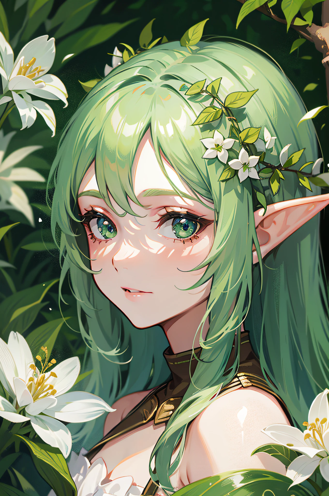 1 girl, very light grass green hair, close-up of face, elf, leaf slip dress, transparent elf wings, white flowers, forest stream